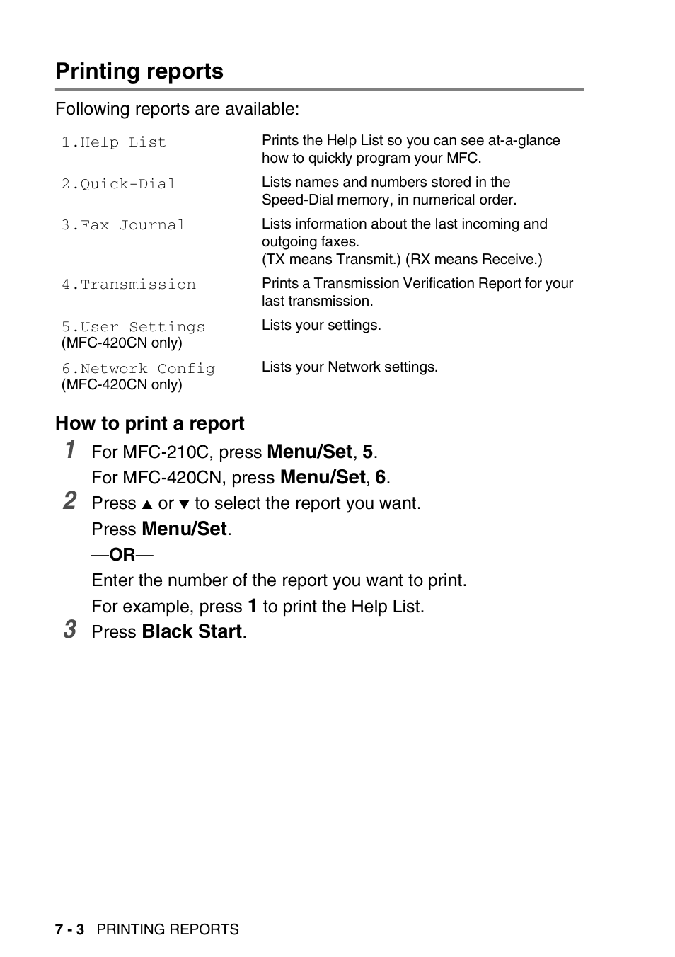 Printing reports, How to print a report, Printing reports -3 | How to print a report -3 | Brother MFC-420CN User Manual | Page 82 / 200