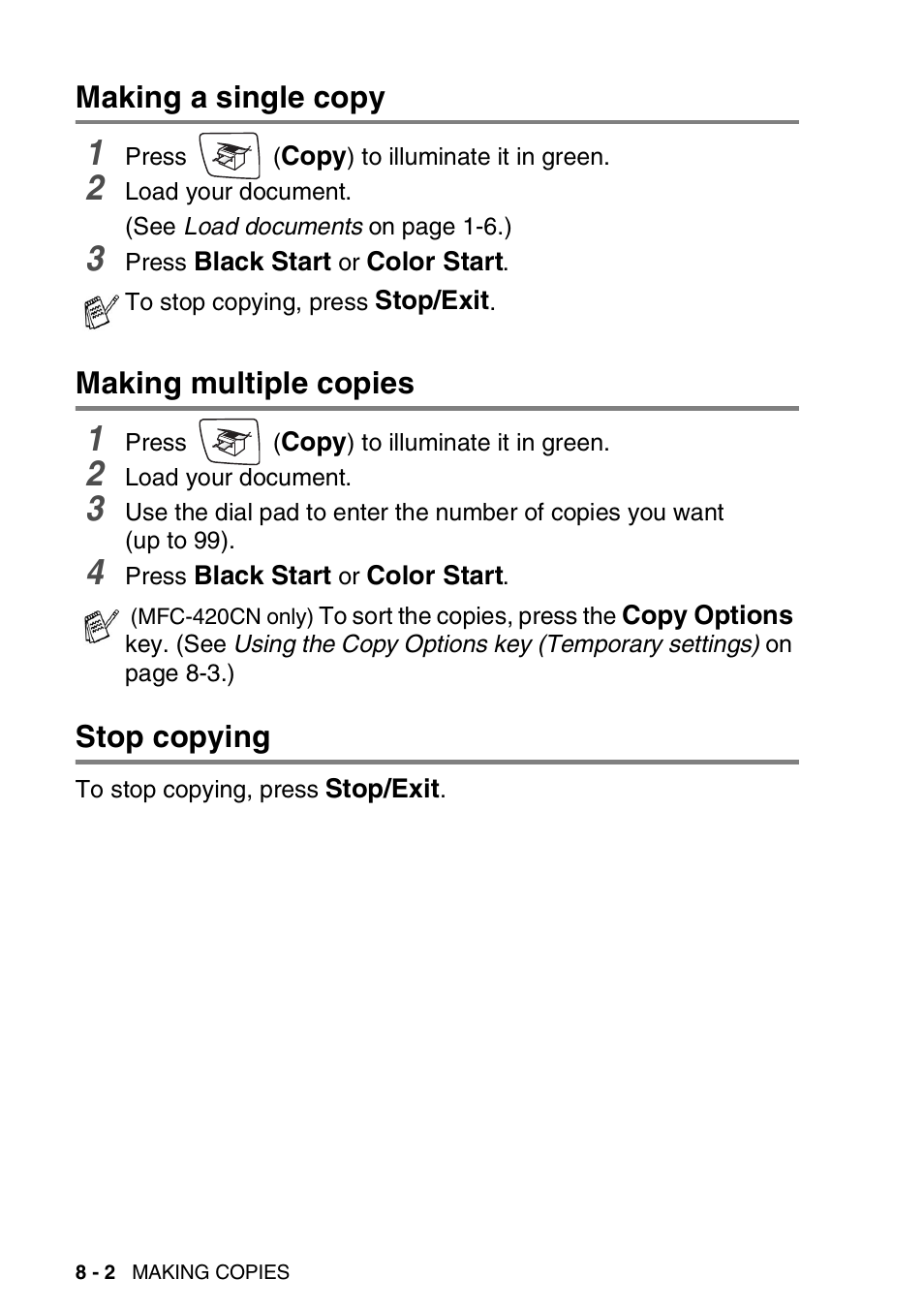 Making a single copy, Making multiple copies, Stop copying | Brother MFC-420CN User Manual | Page 84 / 200