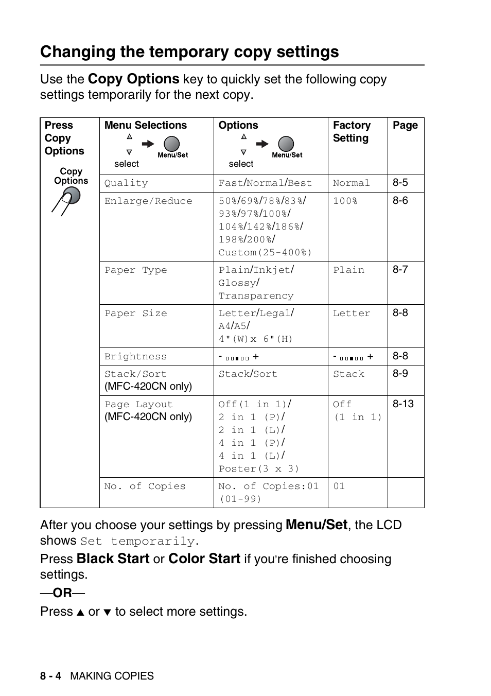 Changing the temporary copy settings, Changing the temporary copy settings -4, Copy options | Menu/set, Black start, Color start, Use the, The lcd shows, Press, If you | Brother MFC-420CN User Manual | Page 86 / 200