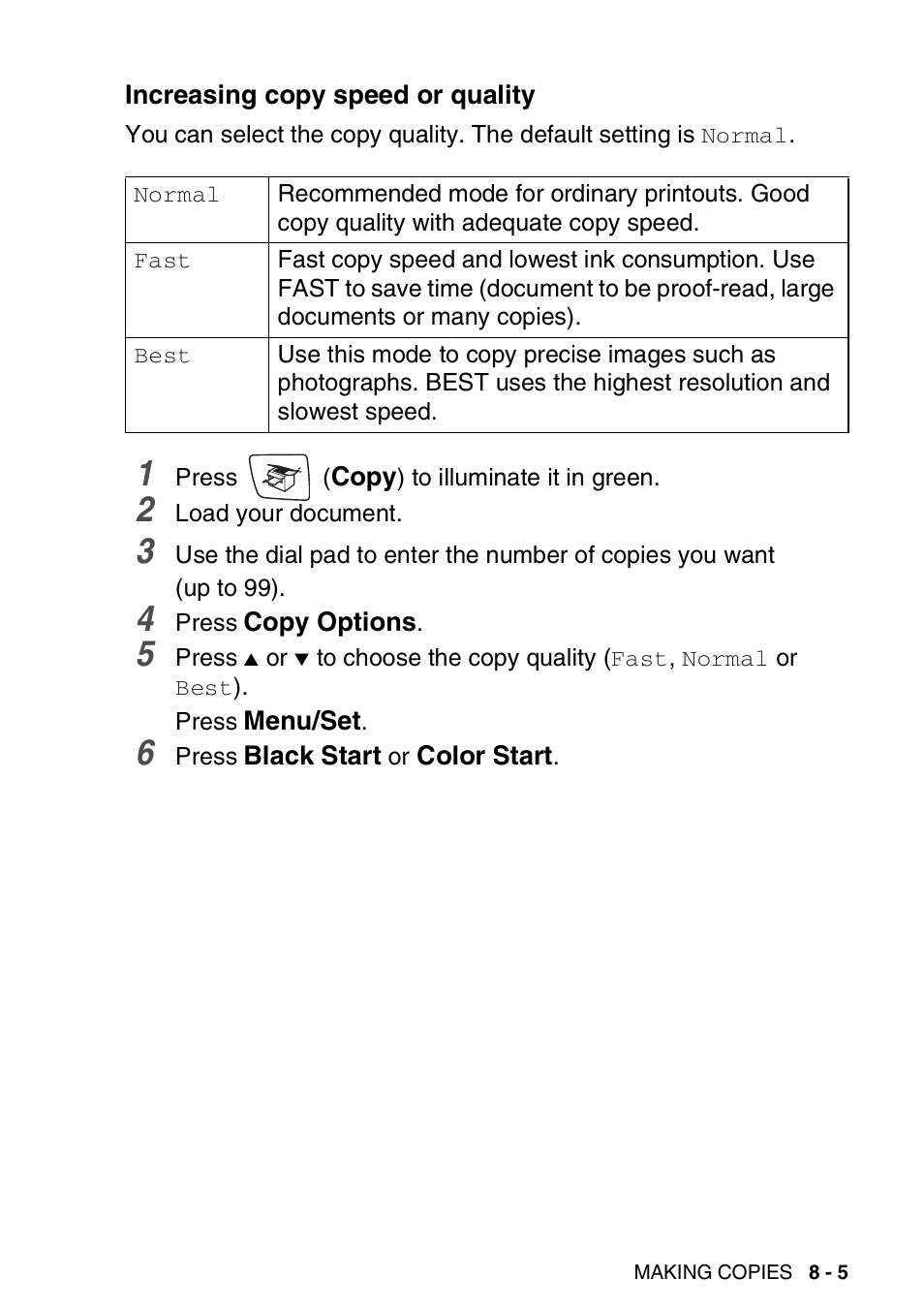 Increasing copy speed or quality, Increasing copy speed or quality -5 | Brother MFC-420CN User Manual | Page 87 / 200
