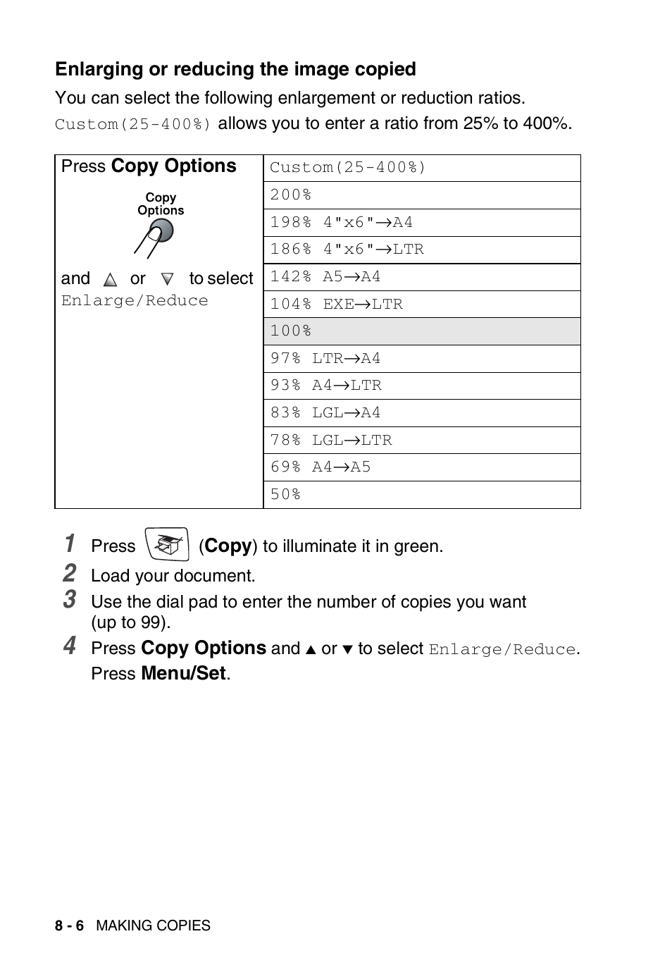 Enlarging or reducing the image copied, Enlarging or reducing the image copied -6 | Brother MFC-420CN User Manual | Page 88 / 200