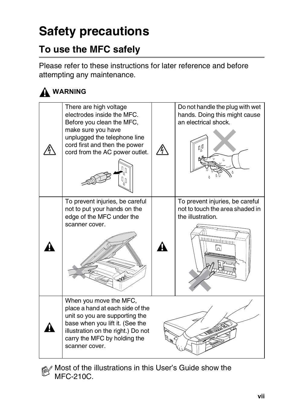 Safety precautions, To use the mfc safely | Brother MFC-420CN User Manual | Page 9 / 200