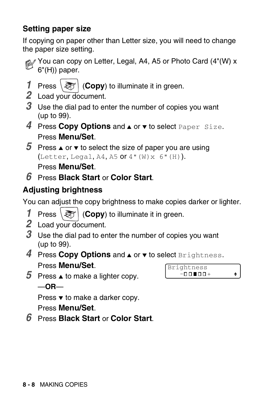 Setting paper size, Adjusting brightness, Setting paper size -8 adjusting brightness -8 | Brother MFC-420CN User Manual | Page 90 / 200