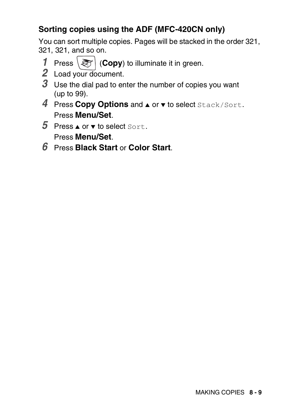 Sorting copies using the adf (mfc-420cn only), Sorting copies using the adf (mfc-420cn only) -9 | Brother MFC-420CN User Manual | Page 91 / 200
