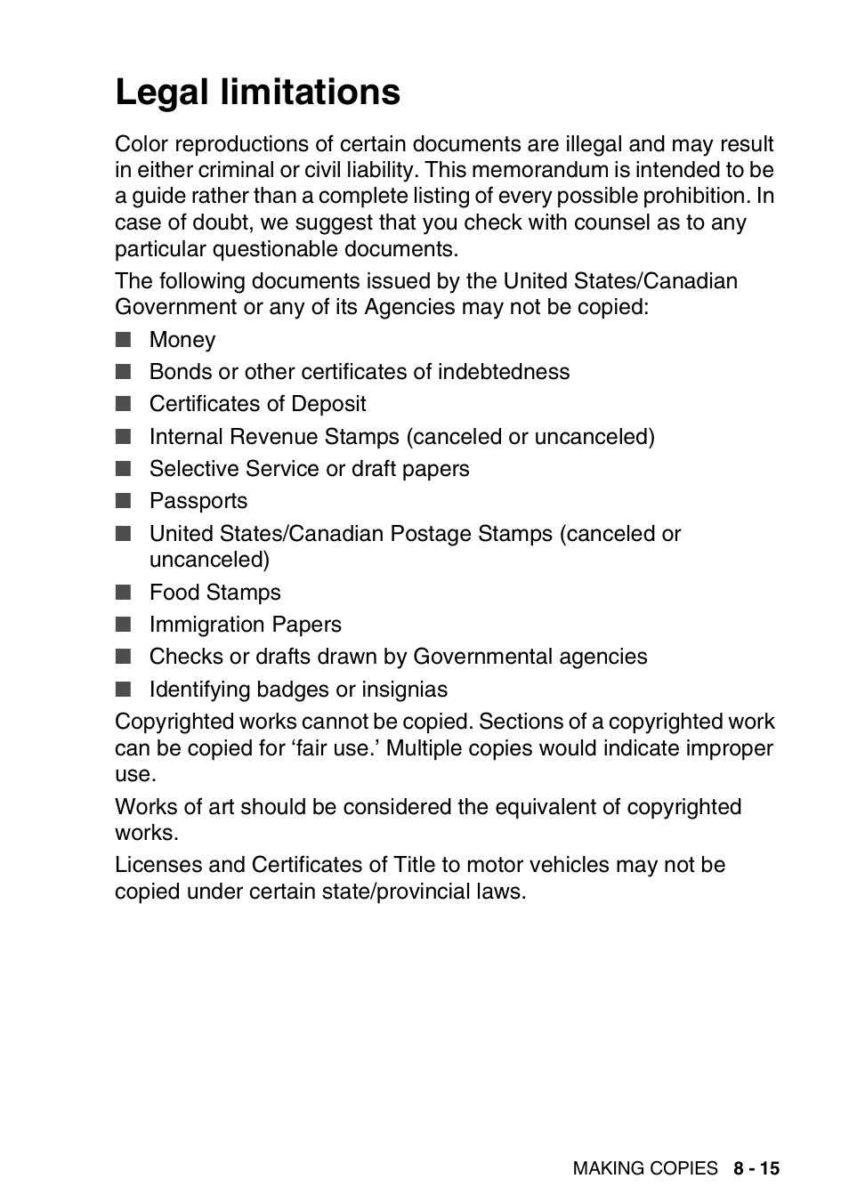 Legal limitations, Legal limitations -15 | Brother MFC-420CN User Manual | Page 97 / 200