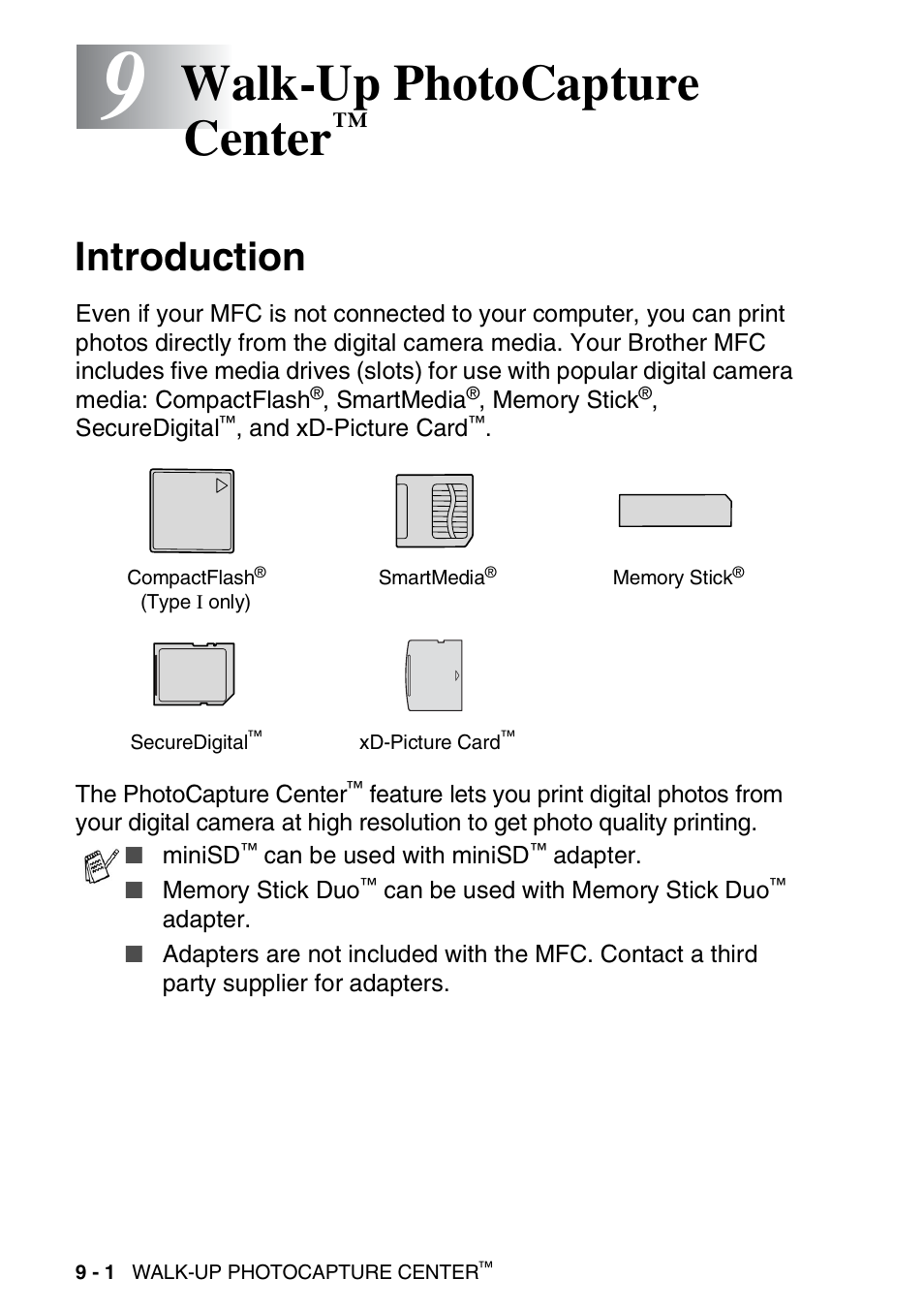 9 walk-up photocapture center, Introduction, Walk-up photocapture center | Introduction -1 | Brother MFC-420CN User Manual | Page 98 / 200
