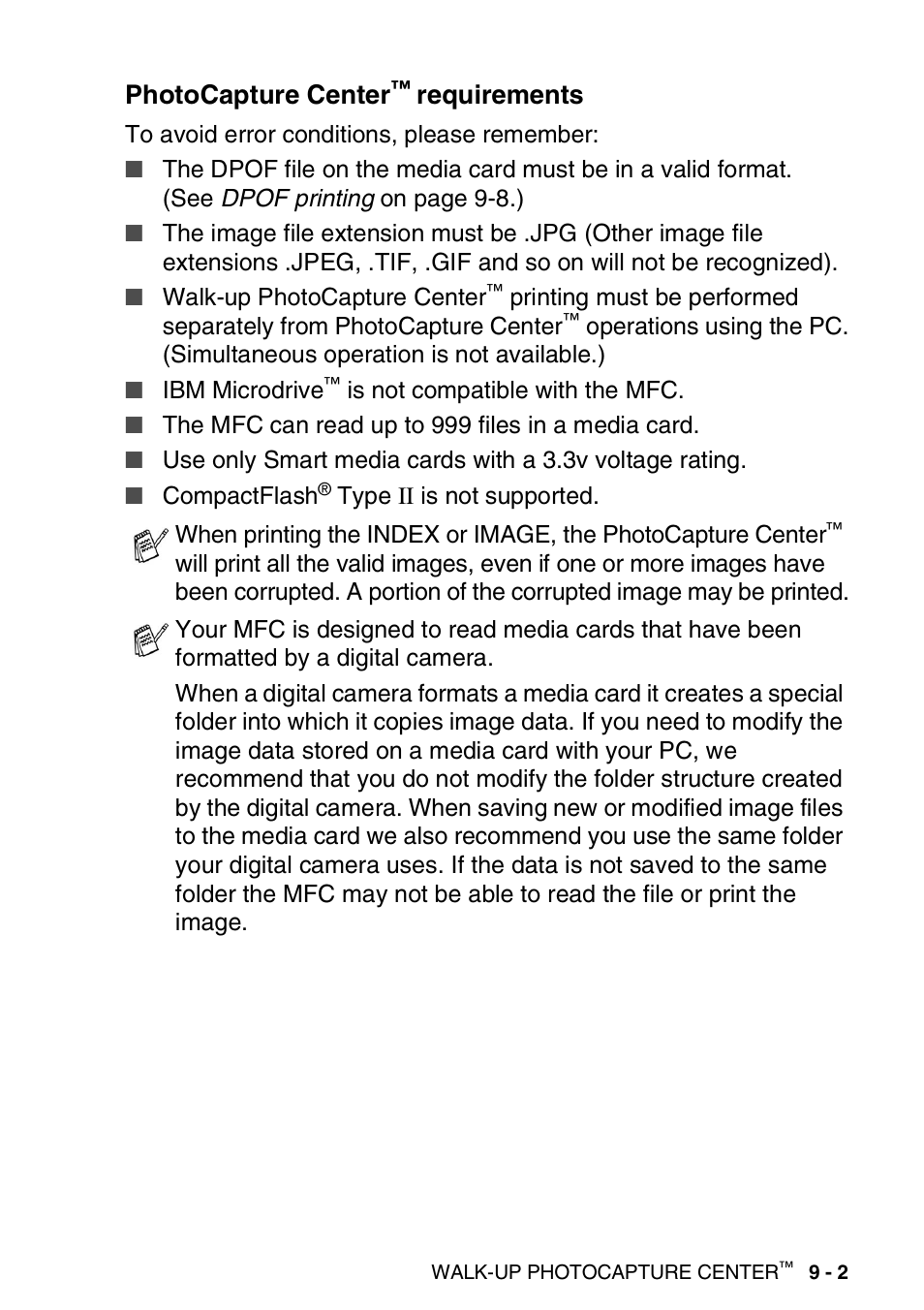Photocapture center™ requirements, Photocapture center, Requirements -2 | Requirements | Brother MFC-420CN User Manual | Page 99 / 200