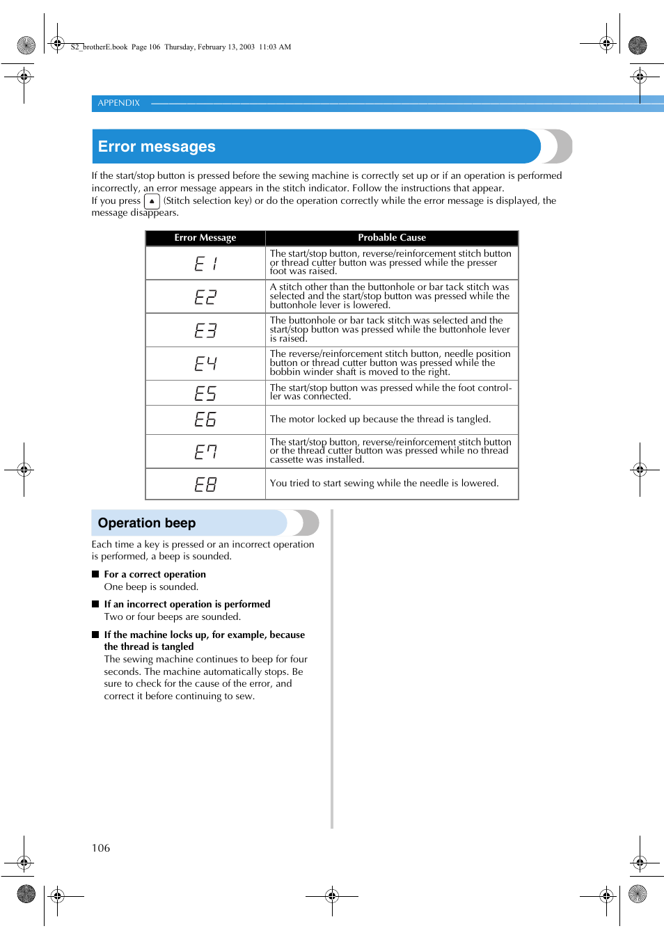 Error messages, Operation beep | Brother CS 80 User Manual | Page 112 / 115