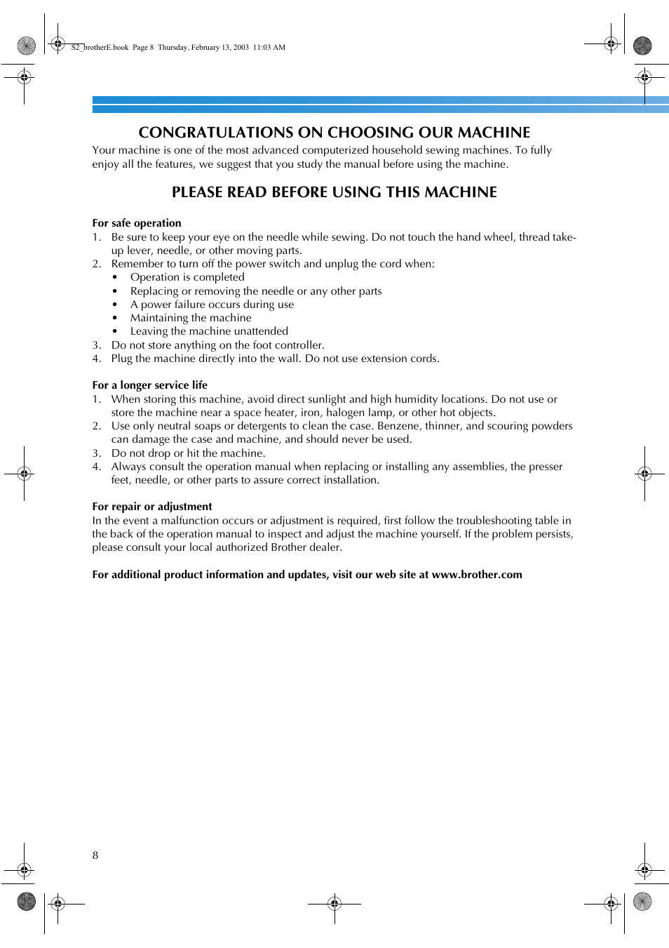 Please read before using this machine | Brother CS 80 User Manual | Page 14 / 115