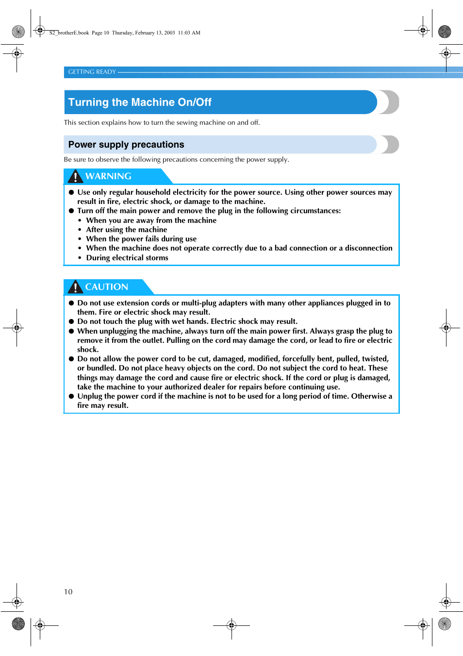 Turning the machine on/off, Power supply precautions, Warning caution | Brother CS 80 User Manual | Page 16 / 115