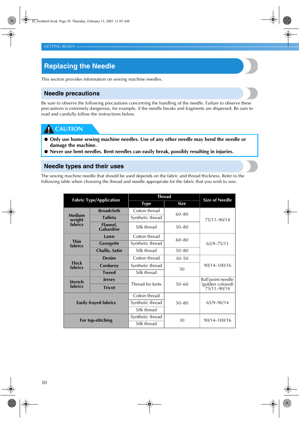 Replacing the needle, Needle precautions, Needle types and their uses | Caution | Brother CS 80 User Manual | Page 36 / 115