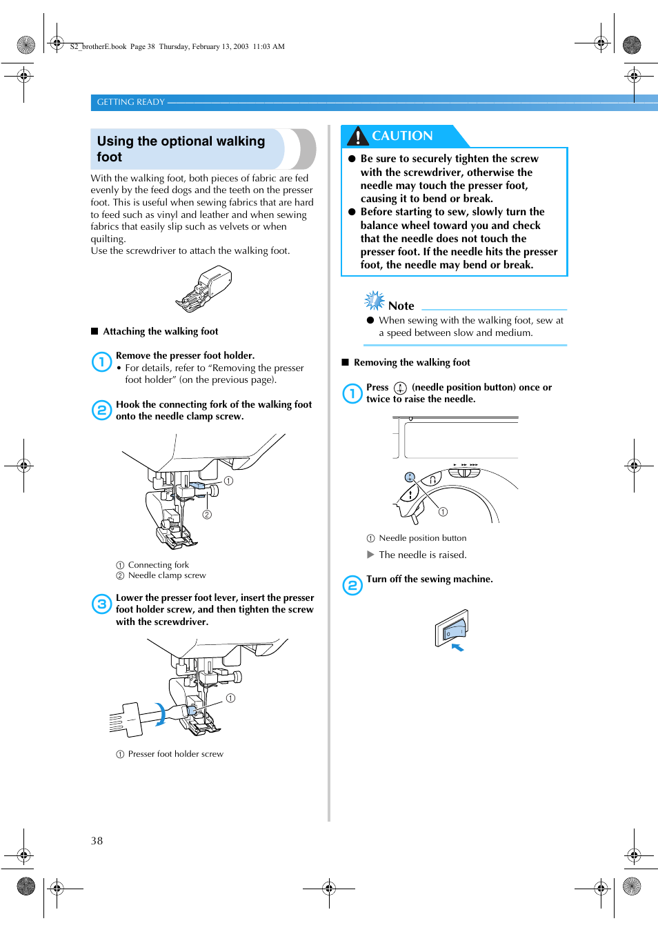 Using the optional walking foot, Caution | Brother CS 80 User Manual | Page 44 / 115