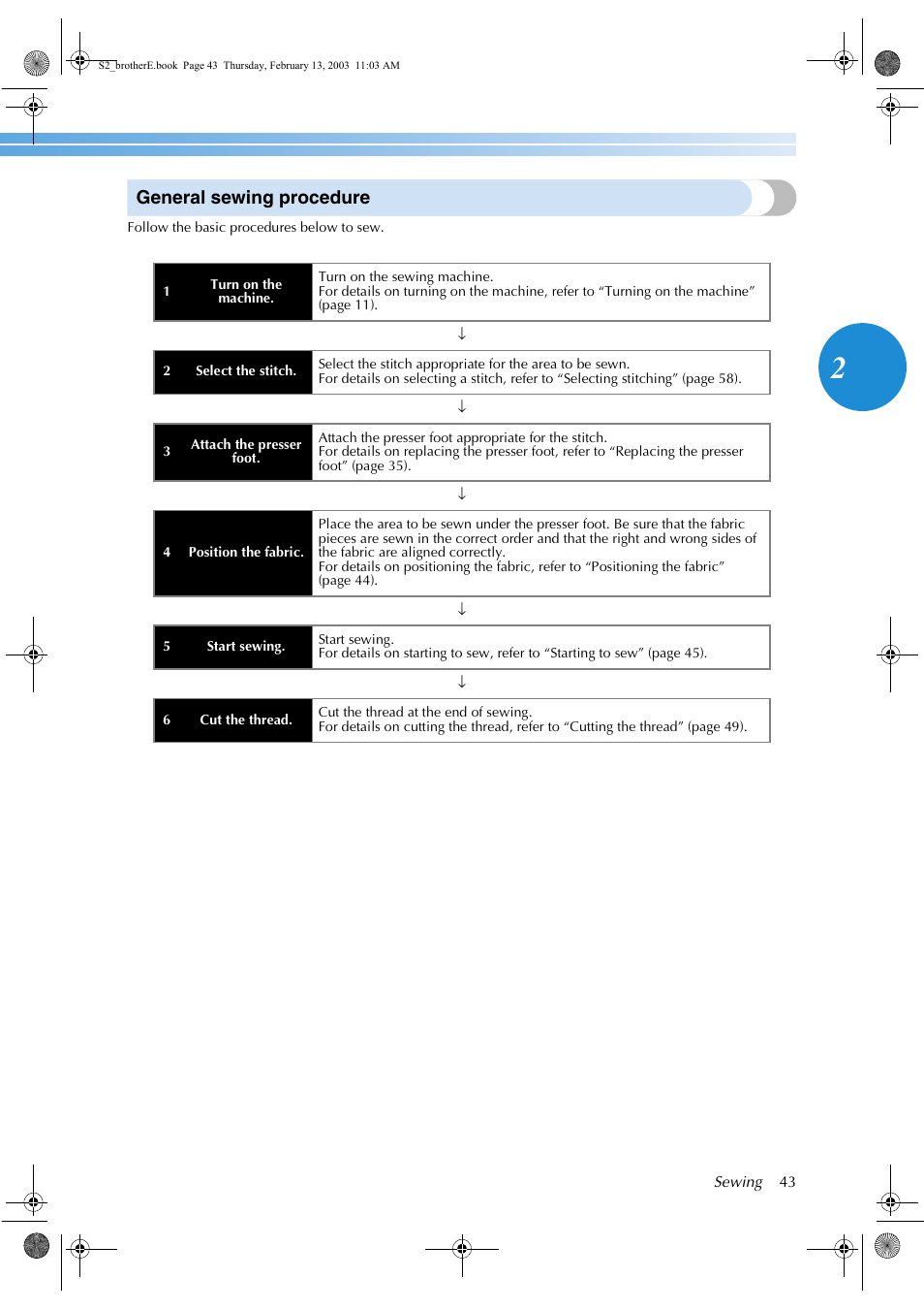 General sewing procedure | Brother CS 80 User Manual | Page 49 / 115