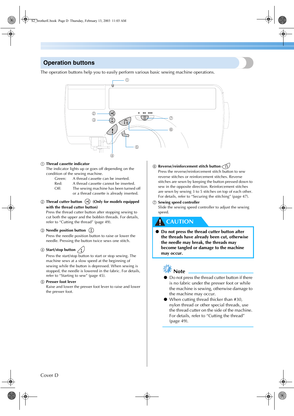 Operation buttons, Caution | Brother CS 80 User Manual | Page 5 / 115