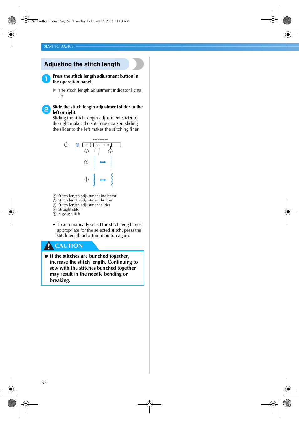 Adjusting the stitch length, Caution | Brother CS 80 User Manual | Page 58 / 115