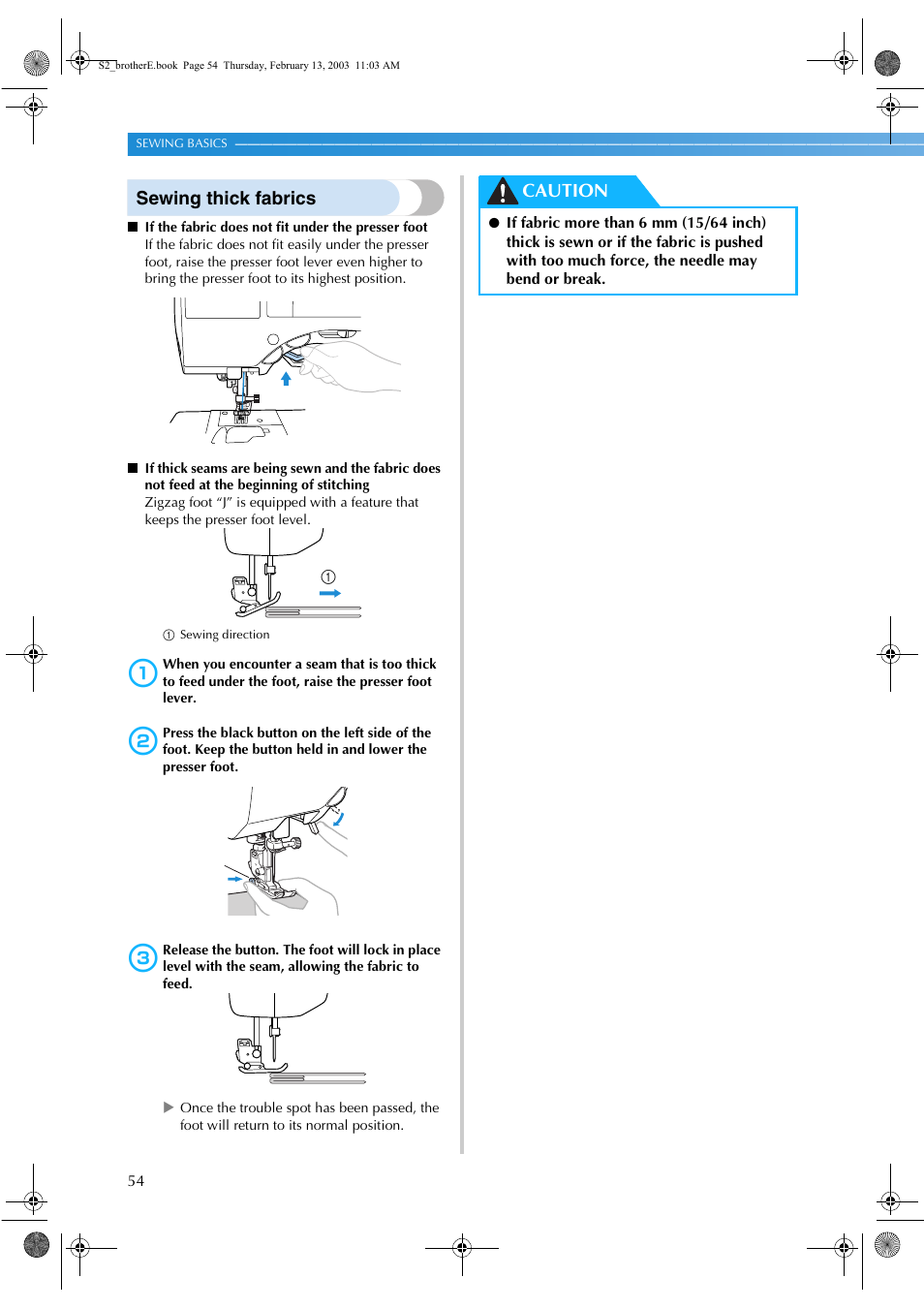 Sewing thick fabrics, Caution | Brother CS 80 User Manual | Page 60 / 115