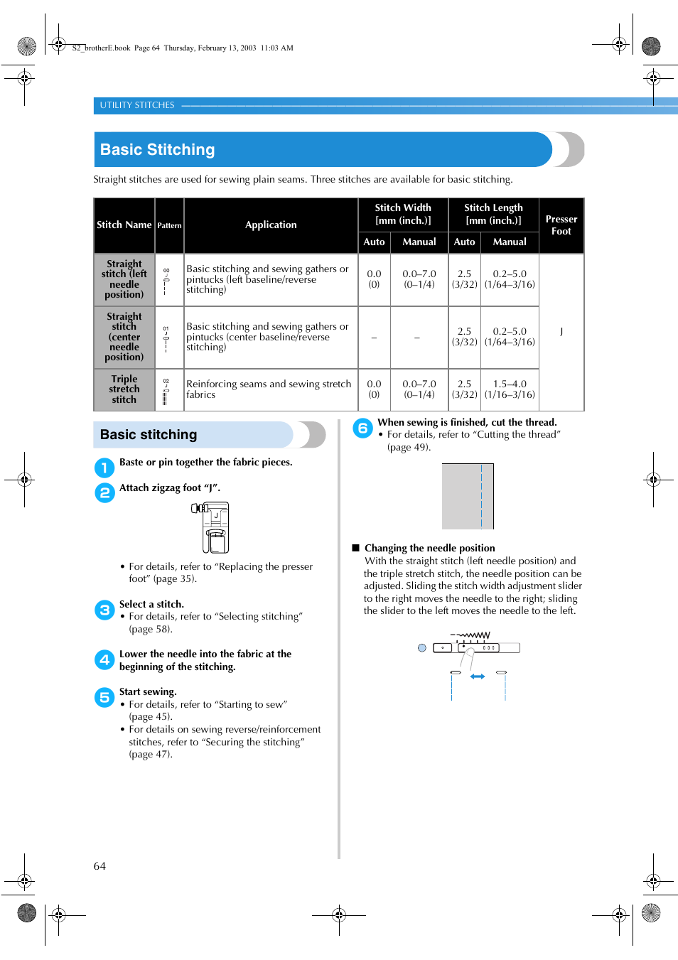 Basic stitching | Brother CS 80 User Manual | Page 70 / 115