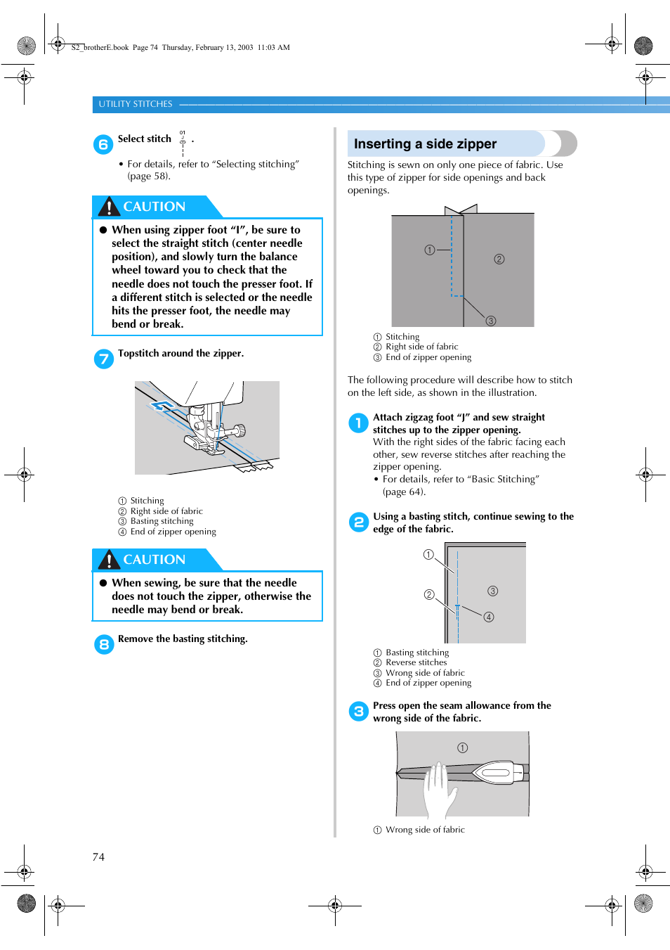 Inserting a side zipper, Caution | Brother CS 80 User Manual | Page 80 / 115