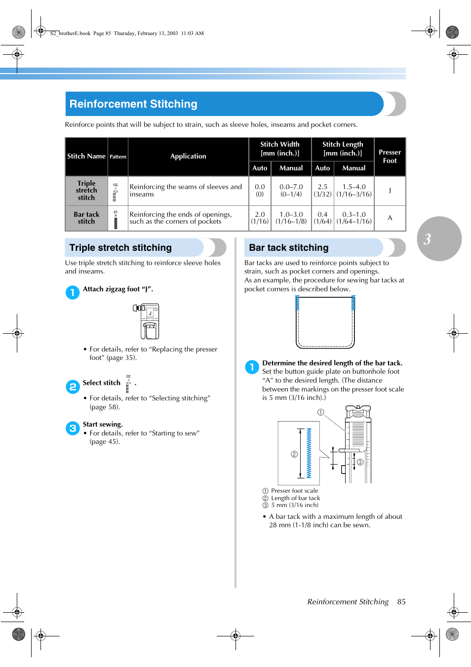 Reinforcement stitching, Triple stretch stitching, Bar tack stitching | Brother CS 80 User Manual | Page 91 / 115