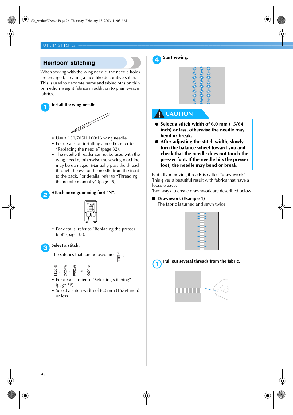 Heirloom stitching, Caution | Brother CS 80 User Manual | Page 98 / 115