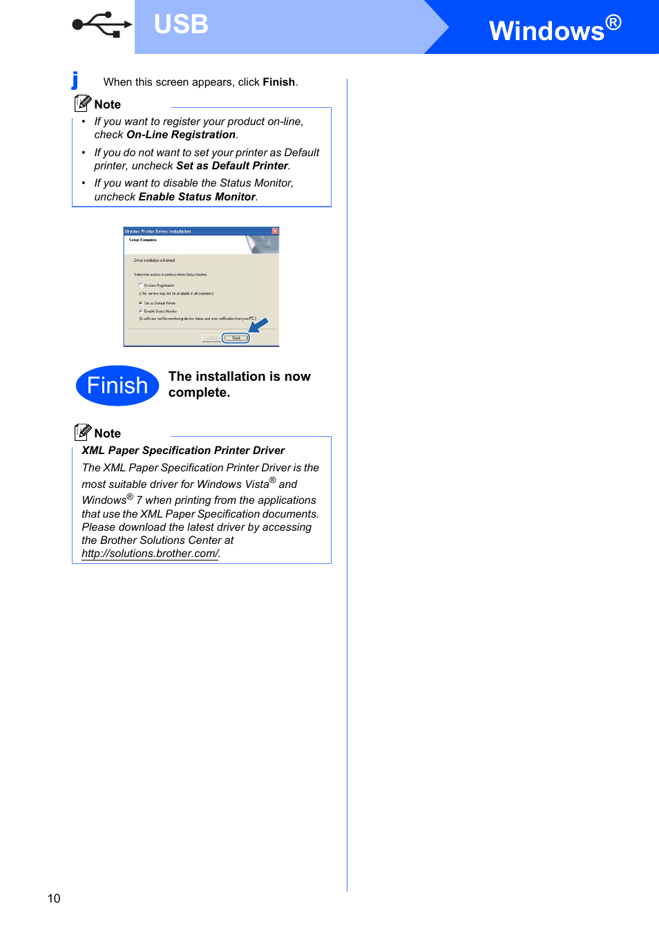 Windows, Finish | Brother HL-3075CW User Manual | Page 10 / 44