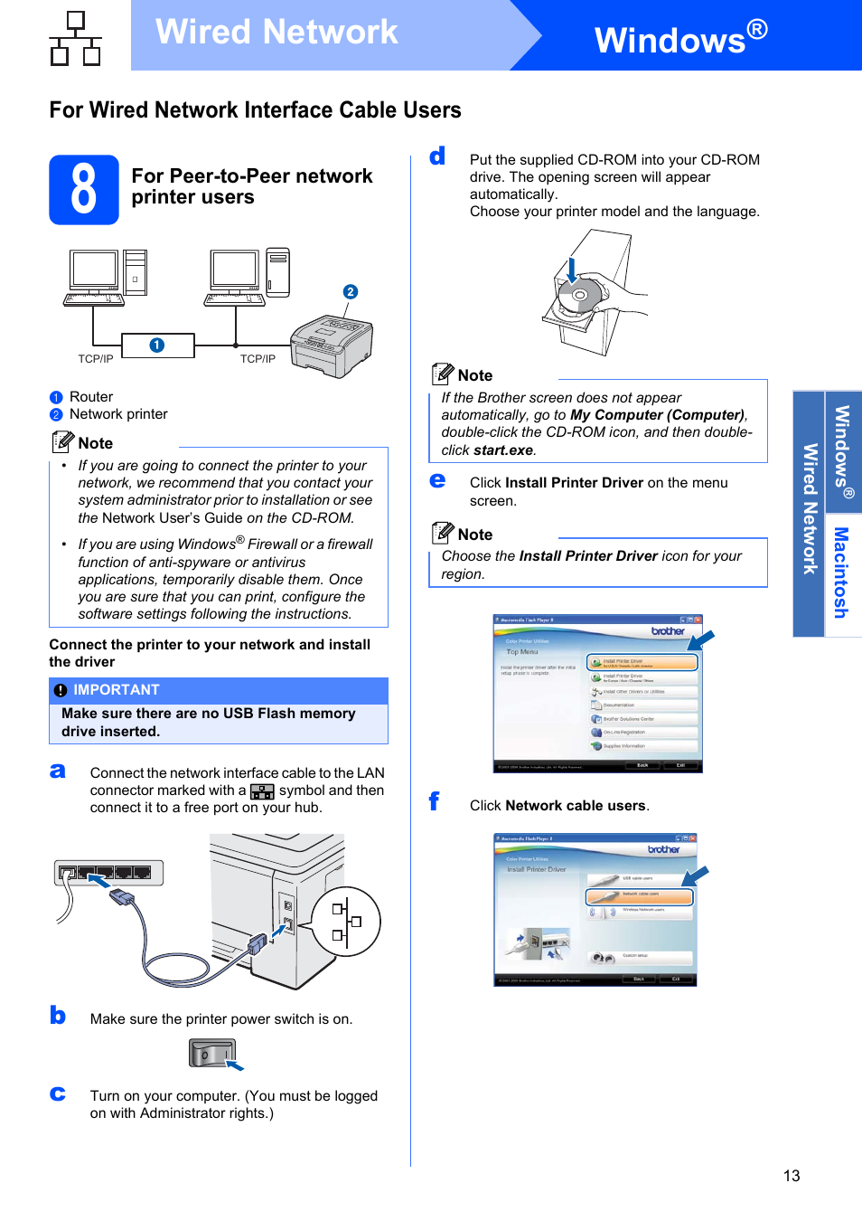8 for peer-to-peer network printer users, Windows, Wired network | For wired network interface cable users, For peer-to-peer network printer users | Brother HL-3075CW User Manual | Page 13 / 44