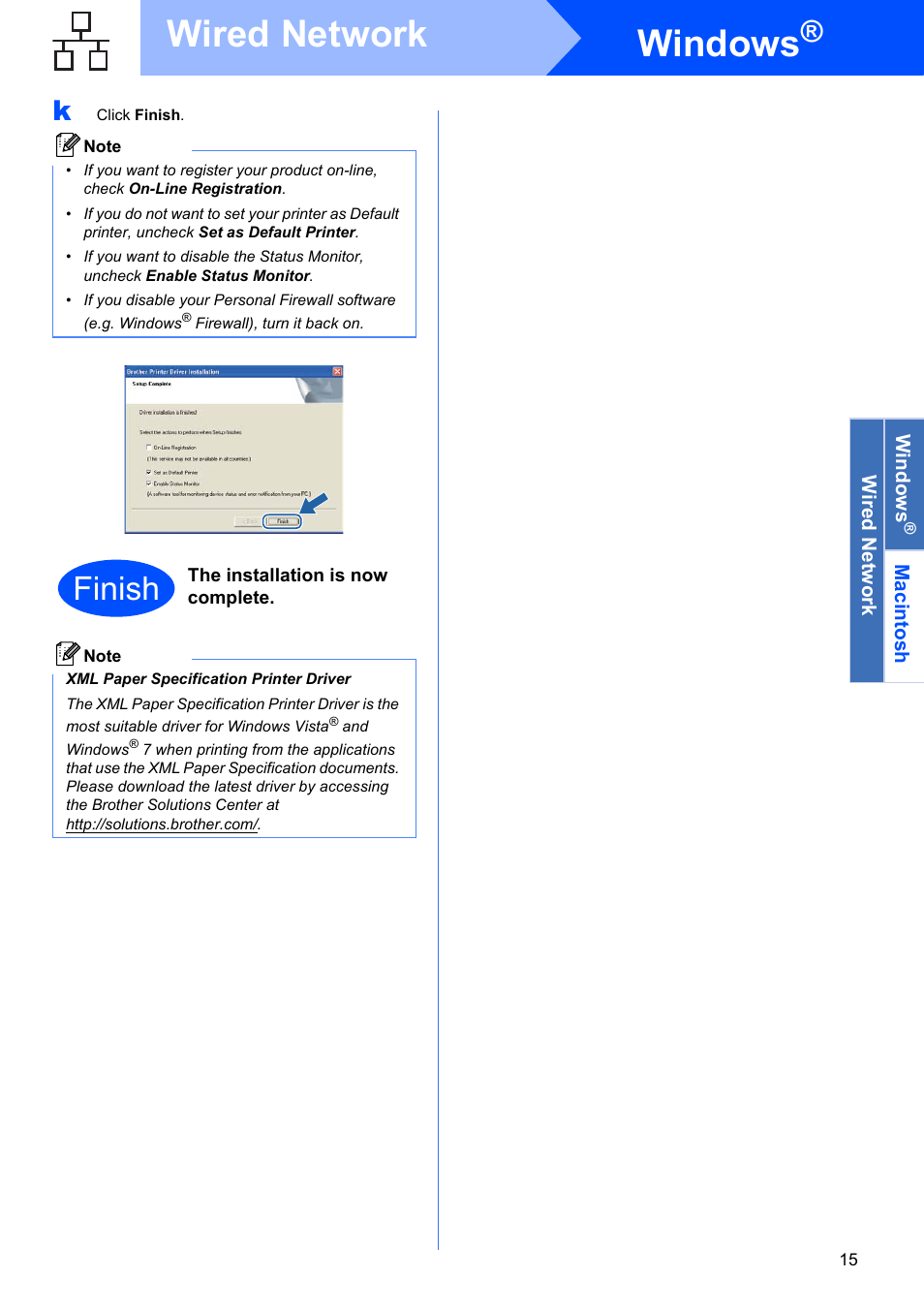 Windows, Wired network, Finish | Brother HL-3075CW User Manual | Page 15 / 44
