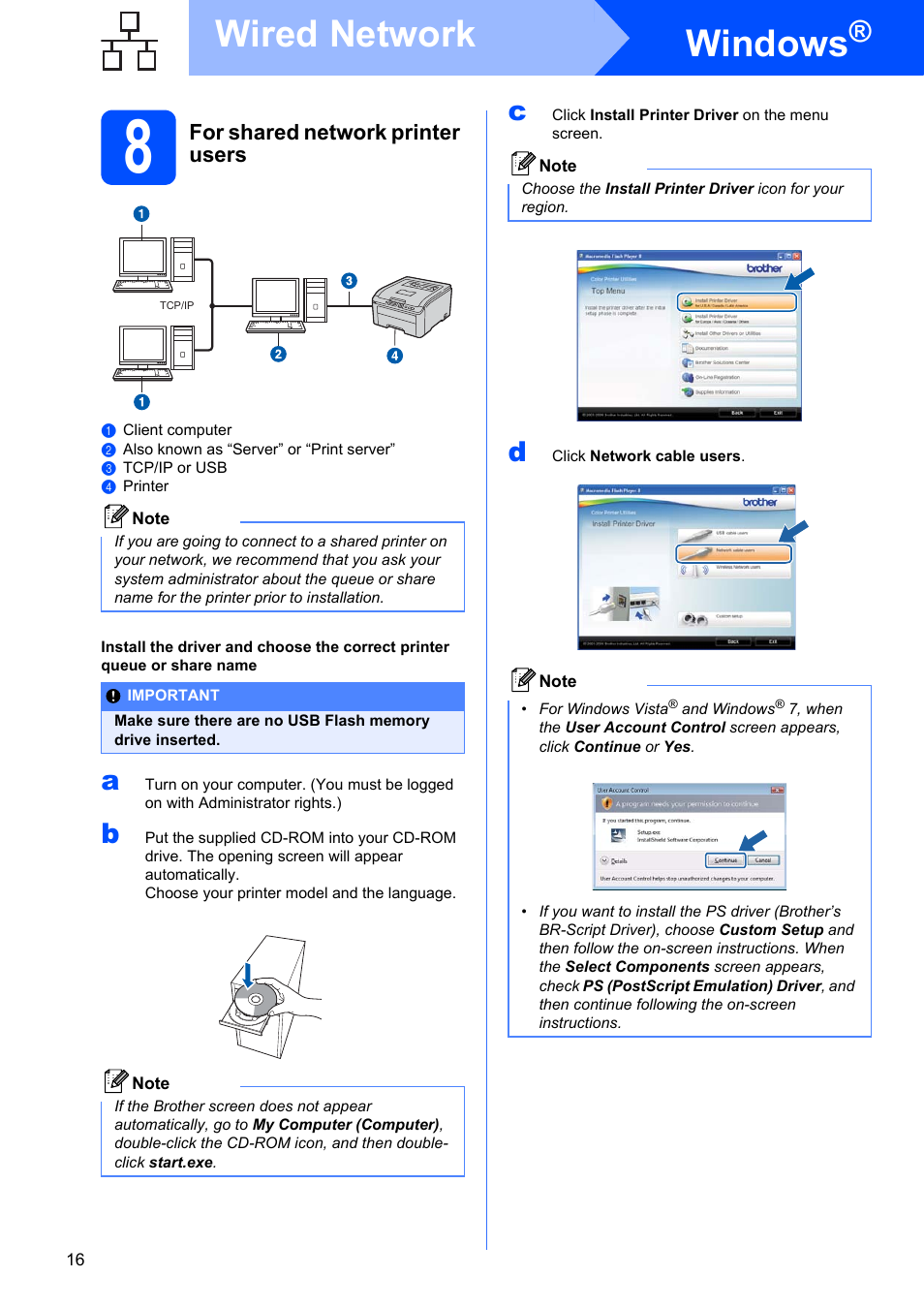 8 for shared network printer users, Windows, Wired network | For shared network printer users | Brother HL-3075CW User Manual | Page 16 / 44