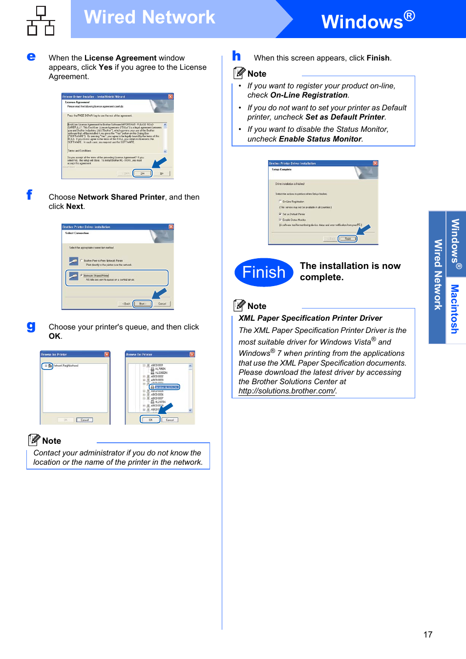 Windows, Wired network, Finish | Brother HL-3075CW User Manual | Page 17 / 44