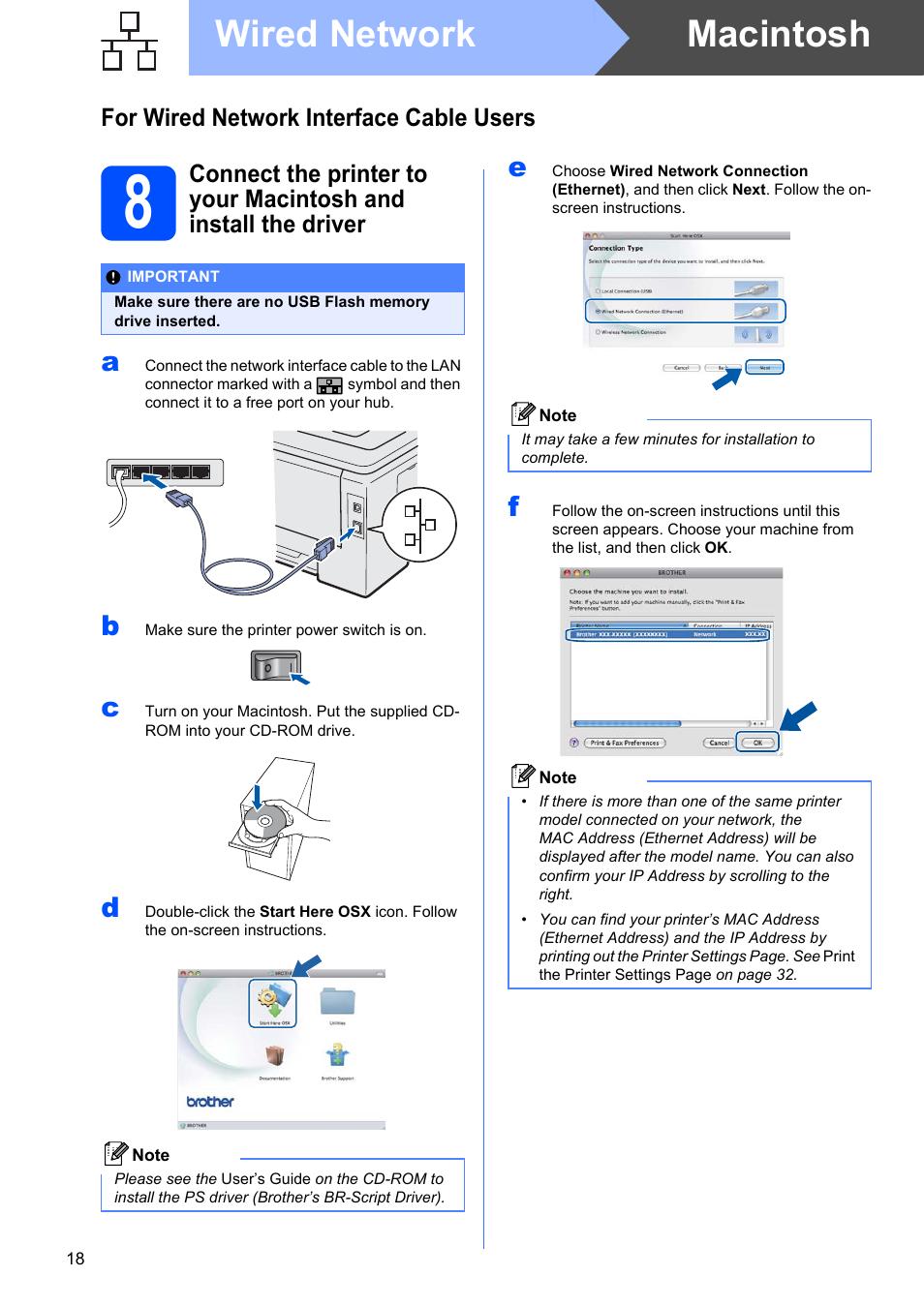 Macintosh wired network, For wired network interface cable users | Brother HL-3075CW User Manual | Page 18 / 44