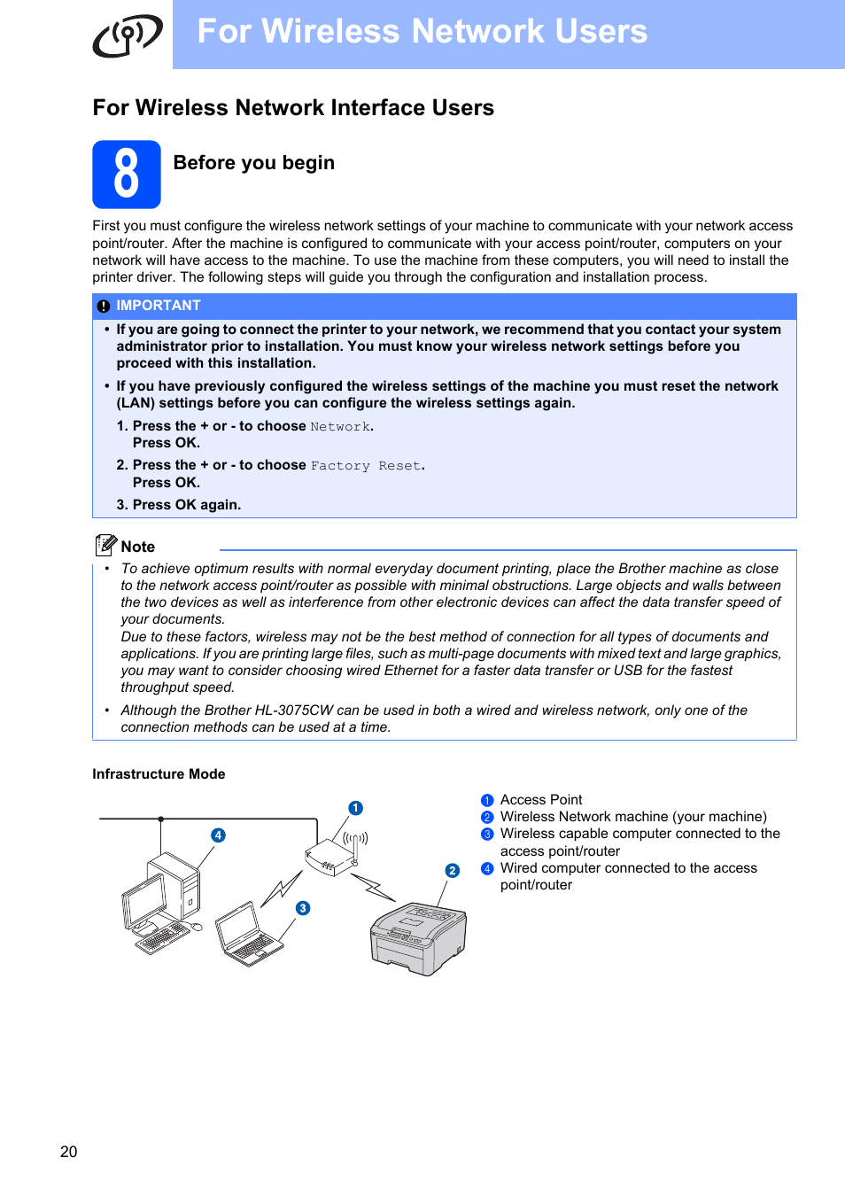 For wireless network interface users, 8 before you begin, For wireless network users | Before you begin | Brother HL-3075CW User Manual | Page 20 / 44