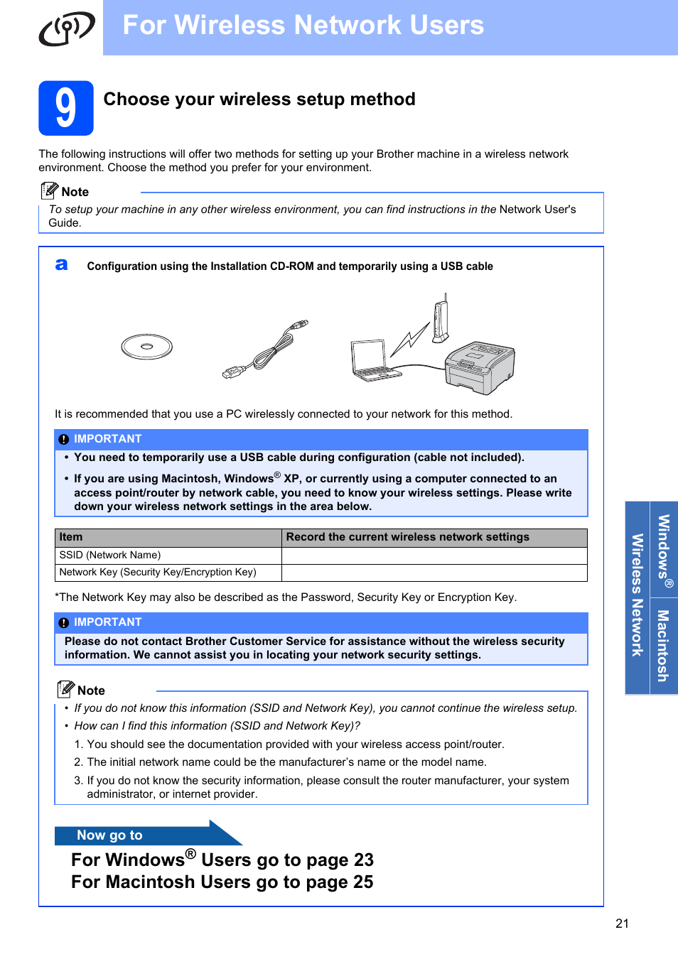 9 choose your wireless setup method, For wireless network users, Choose your wireless setup method | For windows | Brother HL-3075CW User Manual | Page 21 / 44