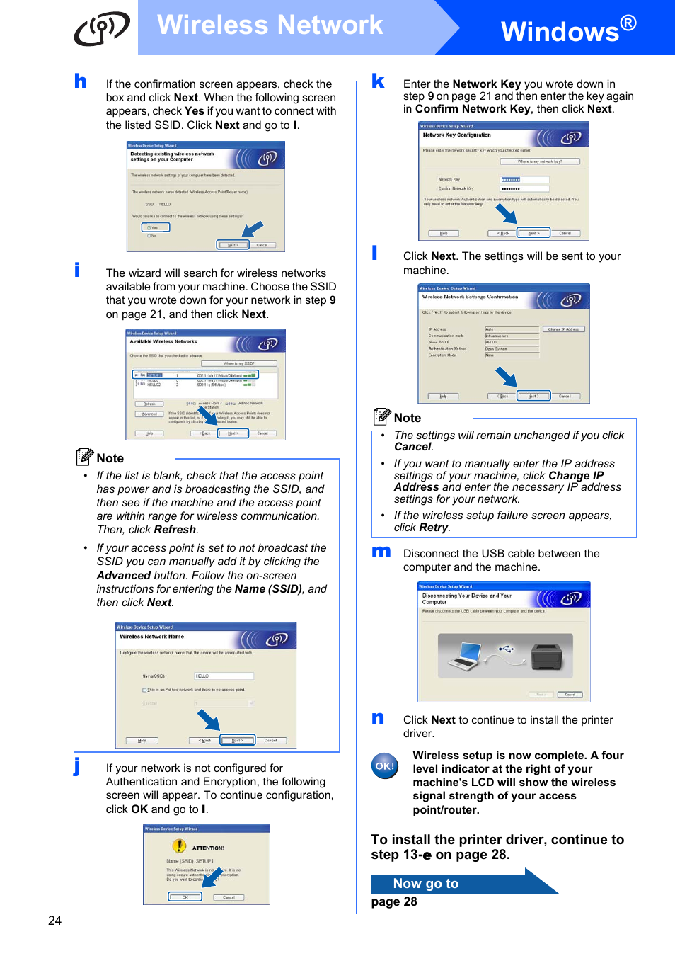 Windows, Wireless network | Brother HL-3075CW User Manual | Page 24 / 44