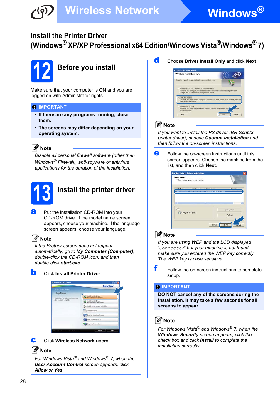 12 before you install, 13 install the printer driver, Step 13 | Windows, Wireless network, Install the printer driver (windows, Xp/xp professional x64 edition/windows vista, Before you install, Install the printer driver | Brother HL-3075CW User Manual | Page 28 / 44