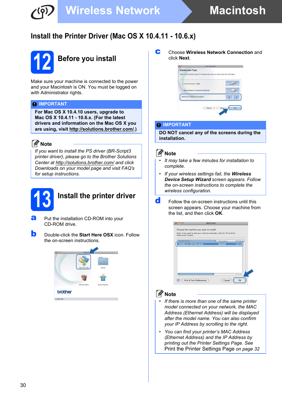 12 before you install, 13 install the printer driver, Step 13 | Macintosh wireless network | Brother HL-3075CW User Manual | Page 30 / 44
