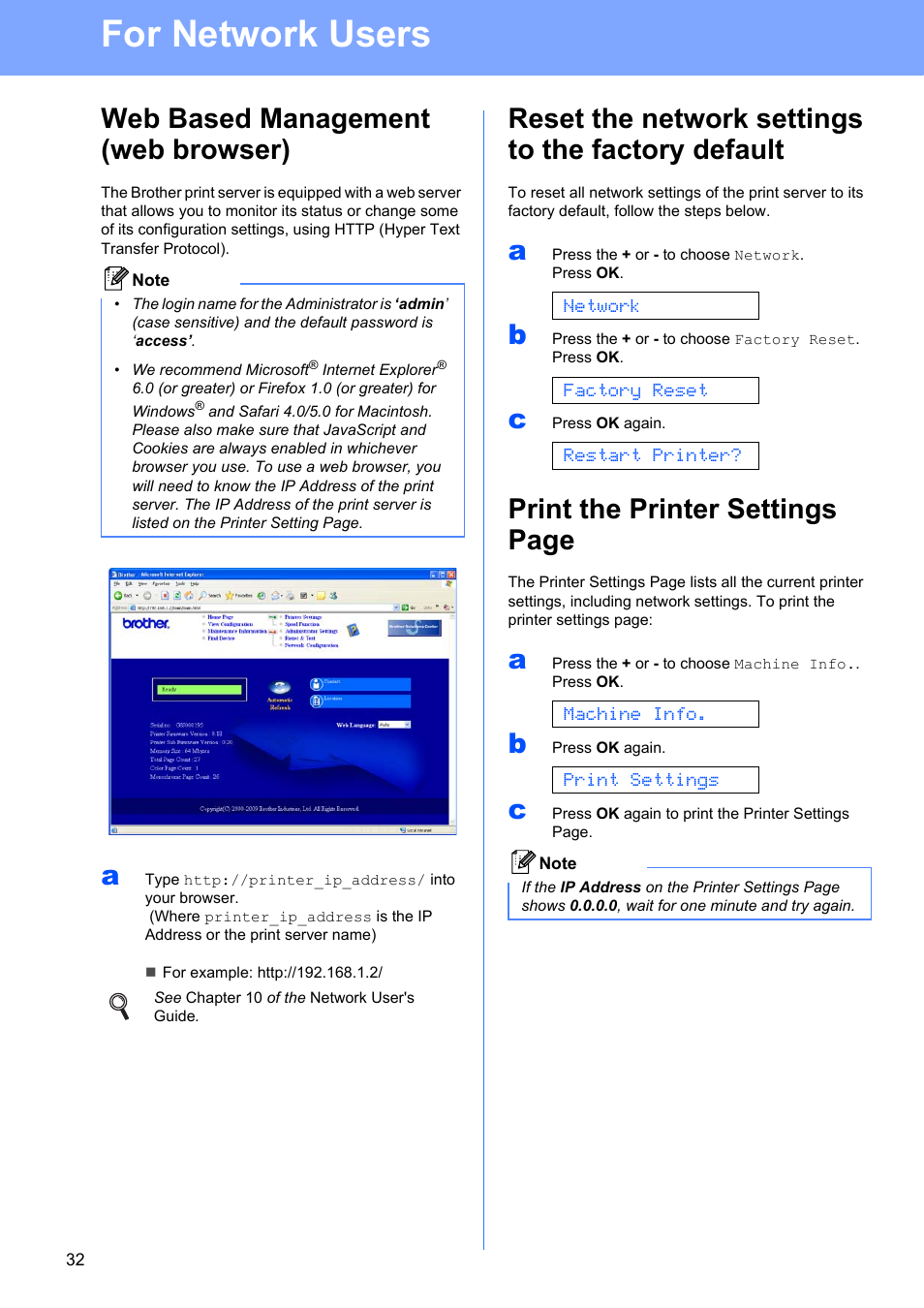 For network users, Web based management (web browser), Reset the network settings to the factory default | Print the printer settings page | Brother HL-3075CW User Manual | Page 32 / 44