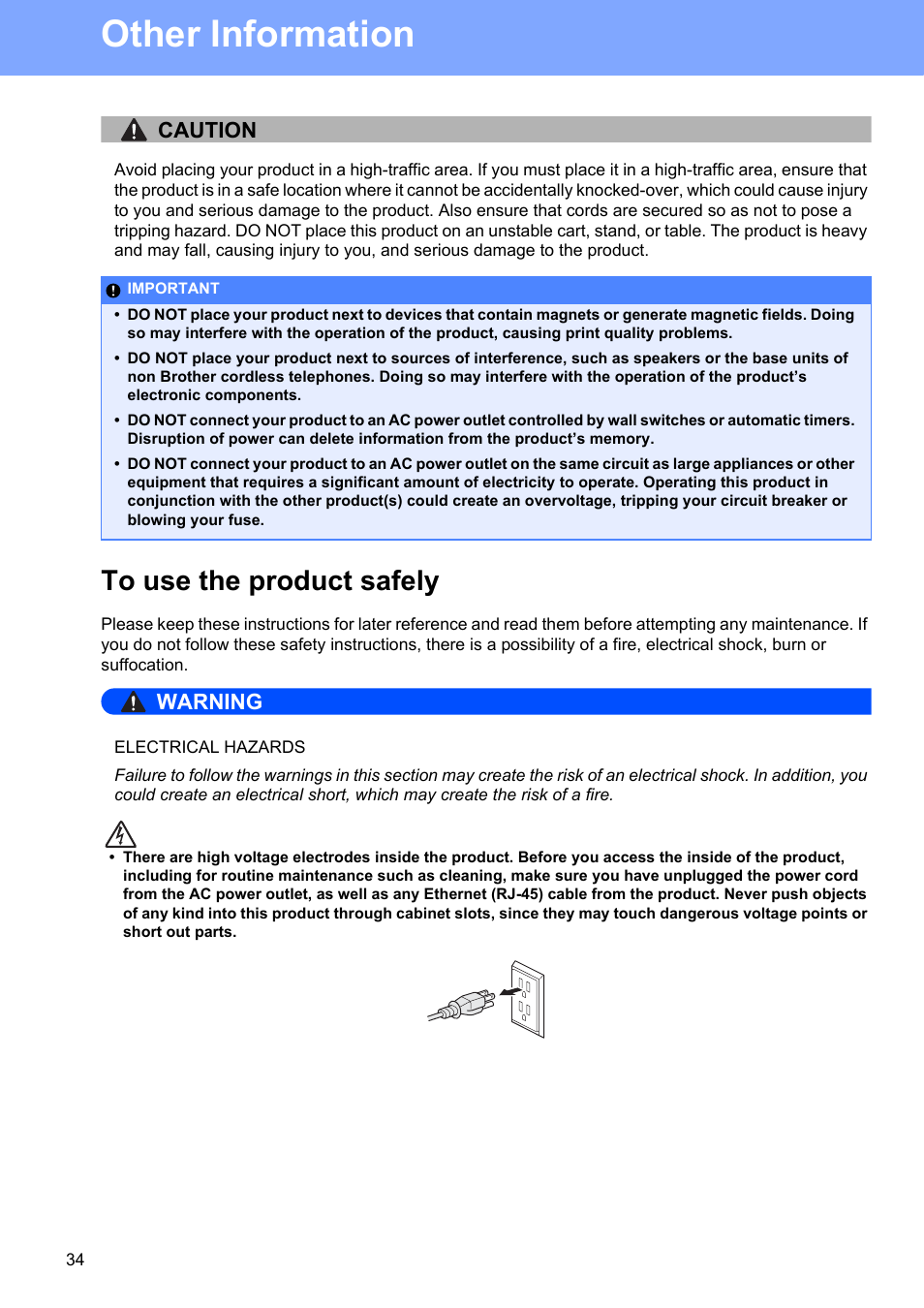 To use the product safely, Other information, Caution | Warning | Brother HL-3075CW User Manual | Page 34 / 44