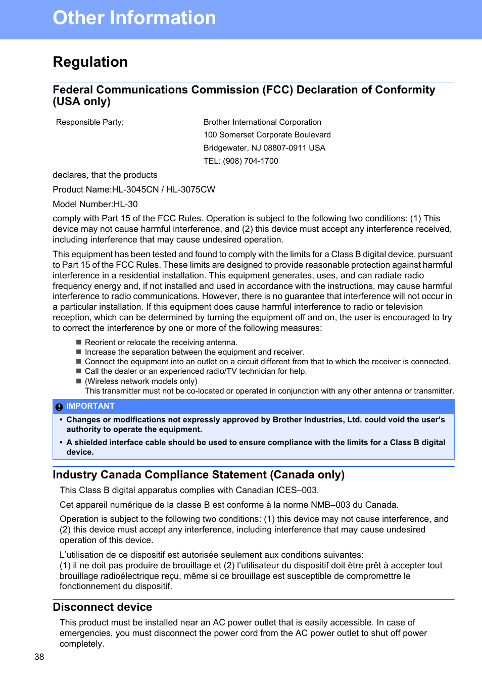 Regulation, Industry canada compliance statement (canada only), Disconnect device | Other information | Brother HL-3075CW User Manual | Page 38 / 44
