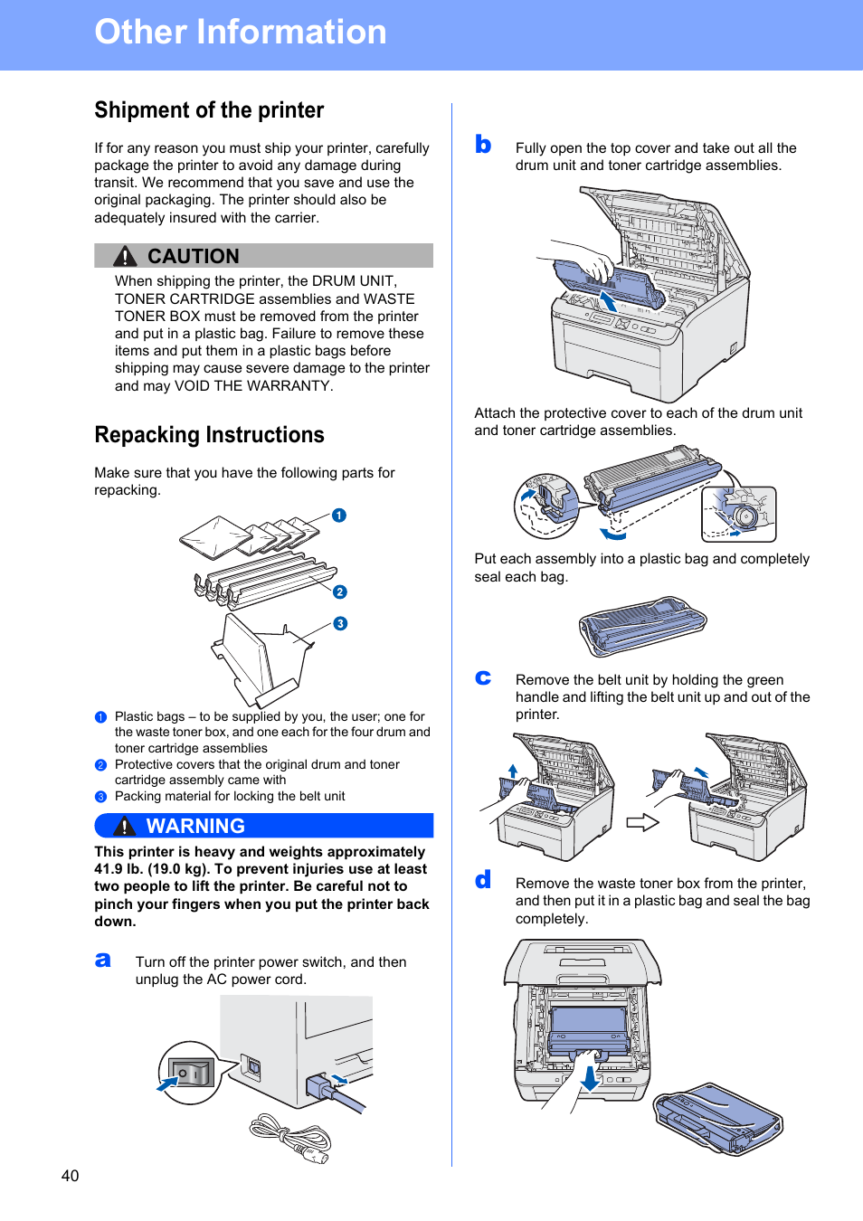 Shipment of the printer, Repacking instructions, Other information | Caution, Warning | Brother HL-3075CW User Manual | Page 40 / 44