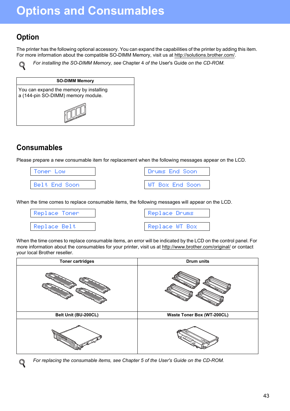 Options and consumables, Option, Consumables | Brother HL-3075CW User Manual | Page 43 / 44