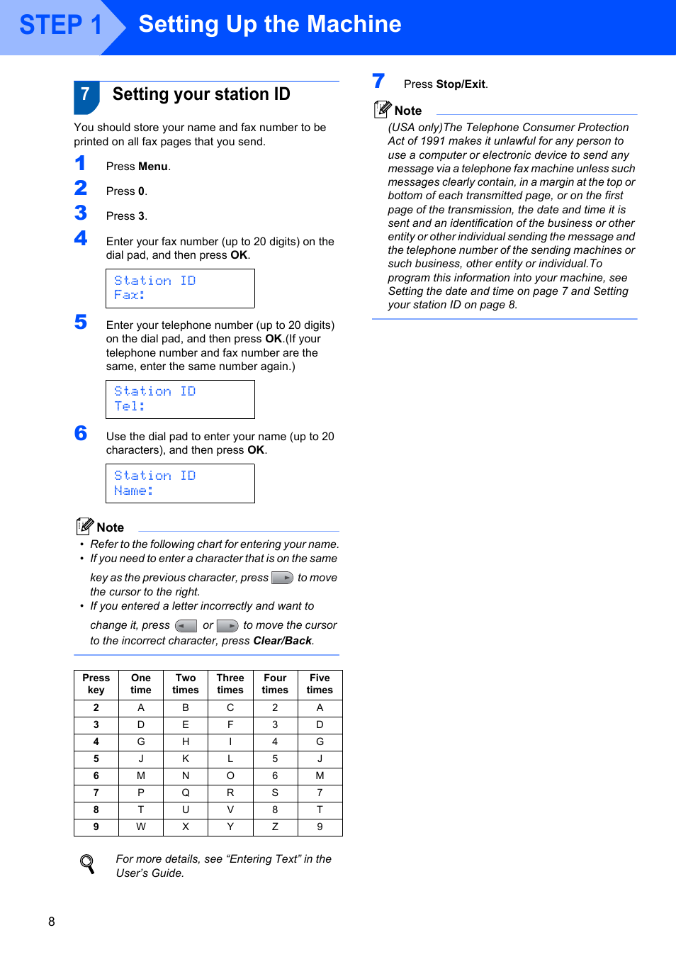 7 setting your station id, Setting your station id, Step 1 | Setting up the machine, 7setting your station id, Station id fax, Station id tel, Station id name | Brother MFC 7840W User Manual | Page 10 / 52