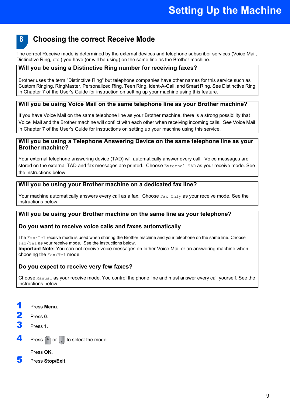 8 choosing the correct receive mode, Choosing the correct receive mode, Setting up the machine | 8choosing the correct receive mode | Brother MFC 7840W User Manual | Page 11 / 52