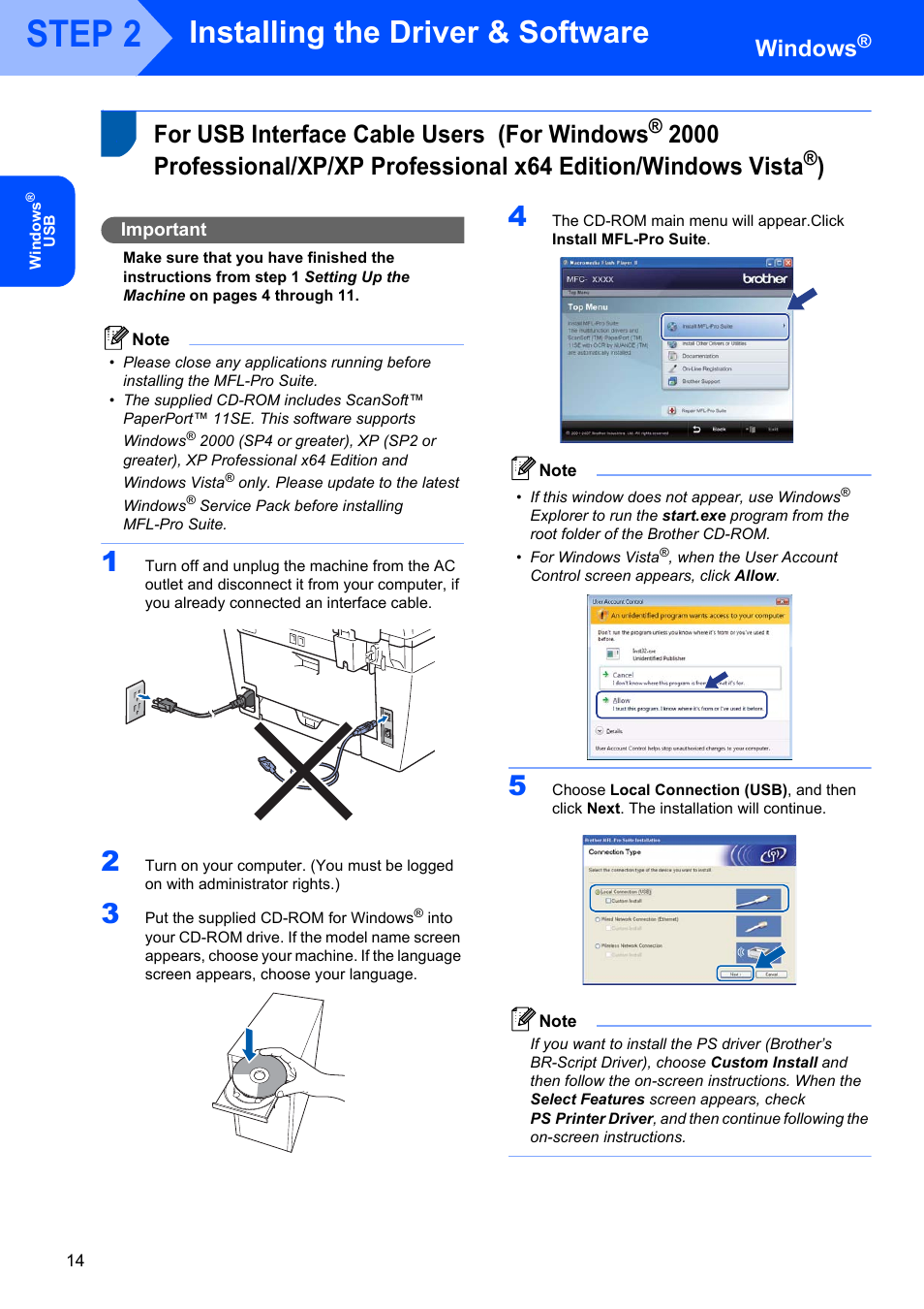 Windows, Step 2, Installing the driver & software | For usb interface cable users (for windows, For usb interface cable users, Important | Brother MFC 7840W User Manual | Page 16 / 52