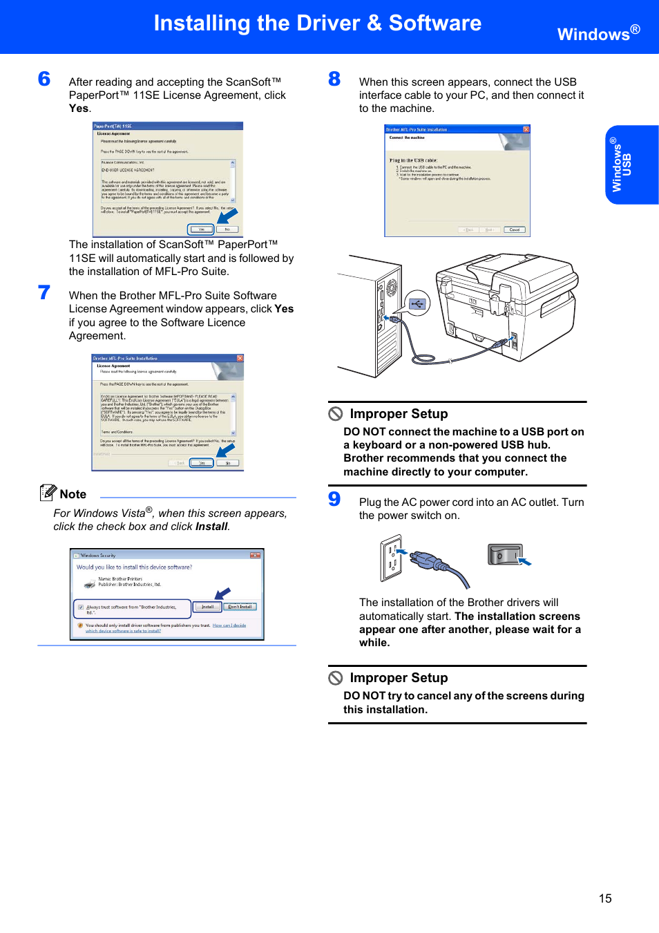 Installing the driver & software, Windows, Improper setup | Brother MFC 7840W User Manual | Page 17 / 52