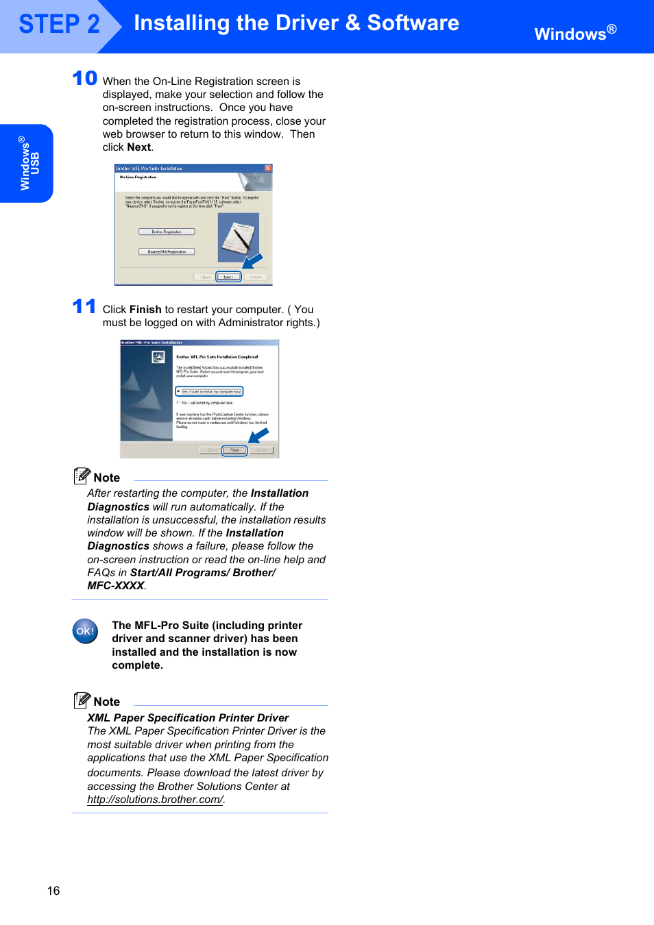 Step 2, Installing the driver & software, Windows | Brother MFC 7840W User Manual | Page 18 / 52