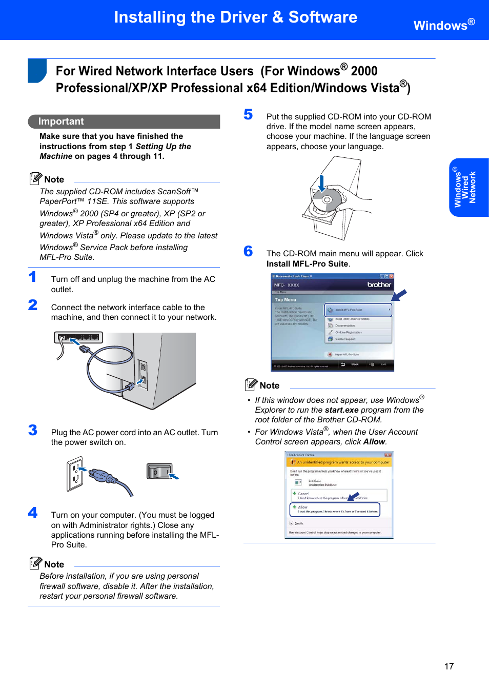 For wired network interface users (for windows, For wired network interface users, Installing the driver & software | Windows, Important | Brother MFC 7840W User Manual | Page 19 / 52