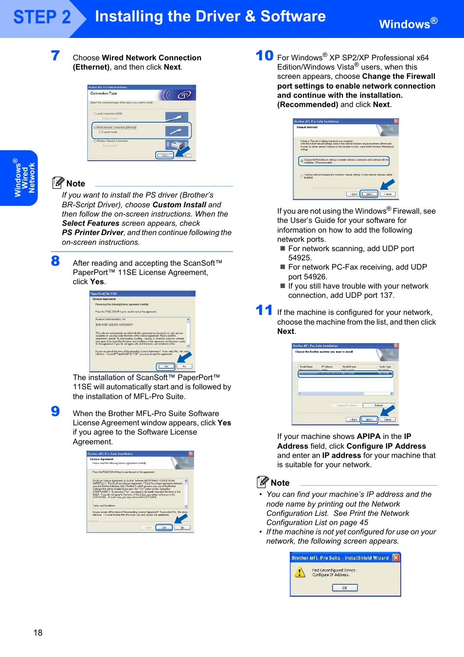 Step 2, Installing the driver & software, Windows | Brother MFC 7840W User Manual | Page 20 / 52
