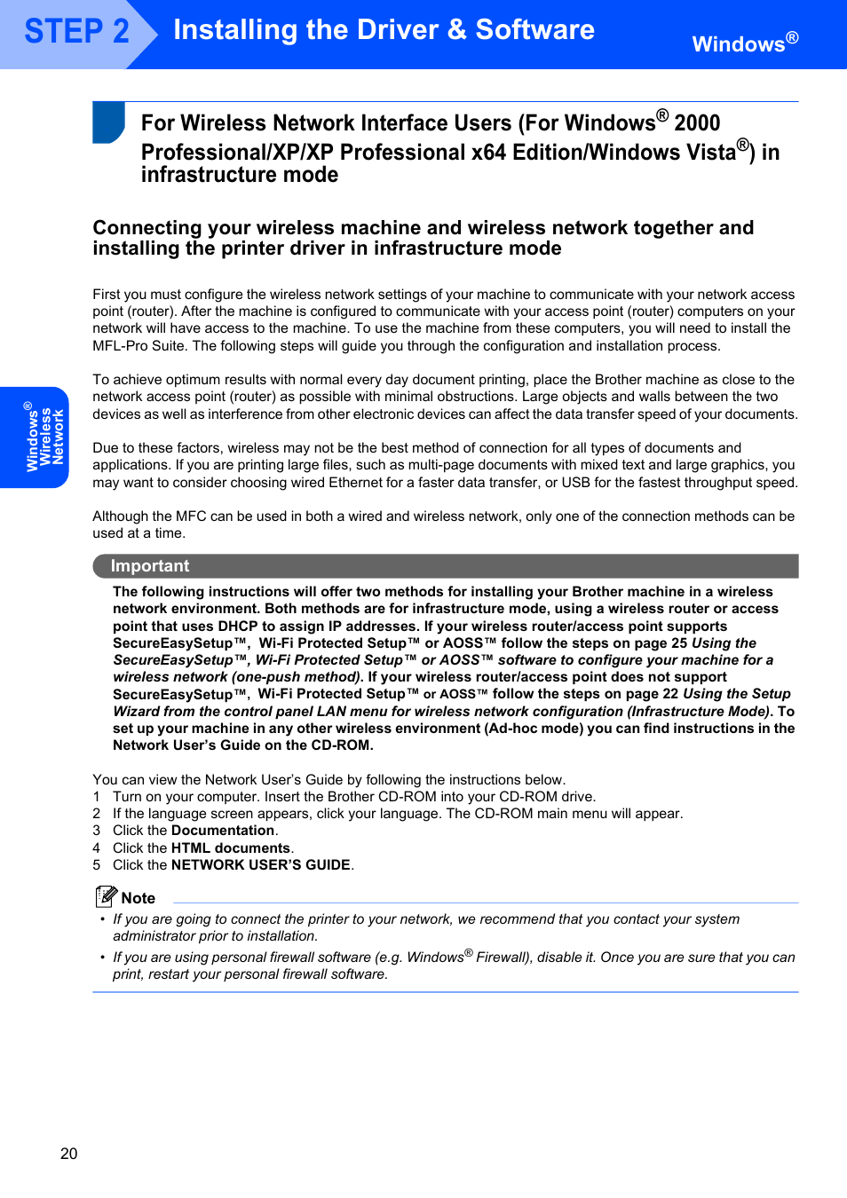 For wireless network interface users (for windows, 2000 professional/xp/xp professional x64, Edition/windows vista | In infrastructure mode, Step 2, Installing the driver & software, Windows | Brother MFC 7840W User Manual | Page 22 / 52