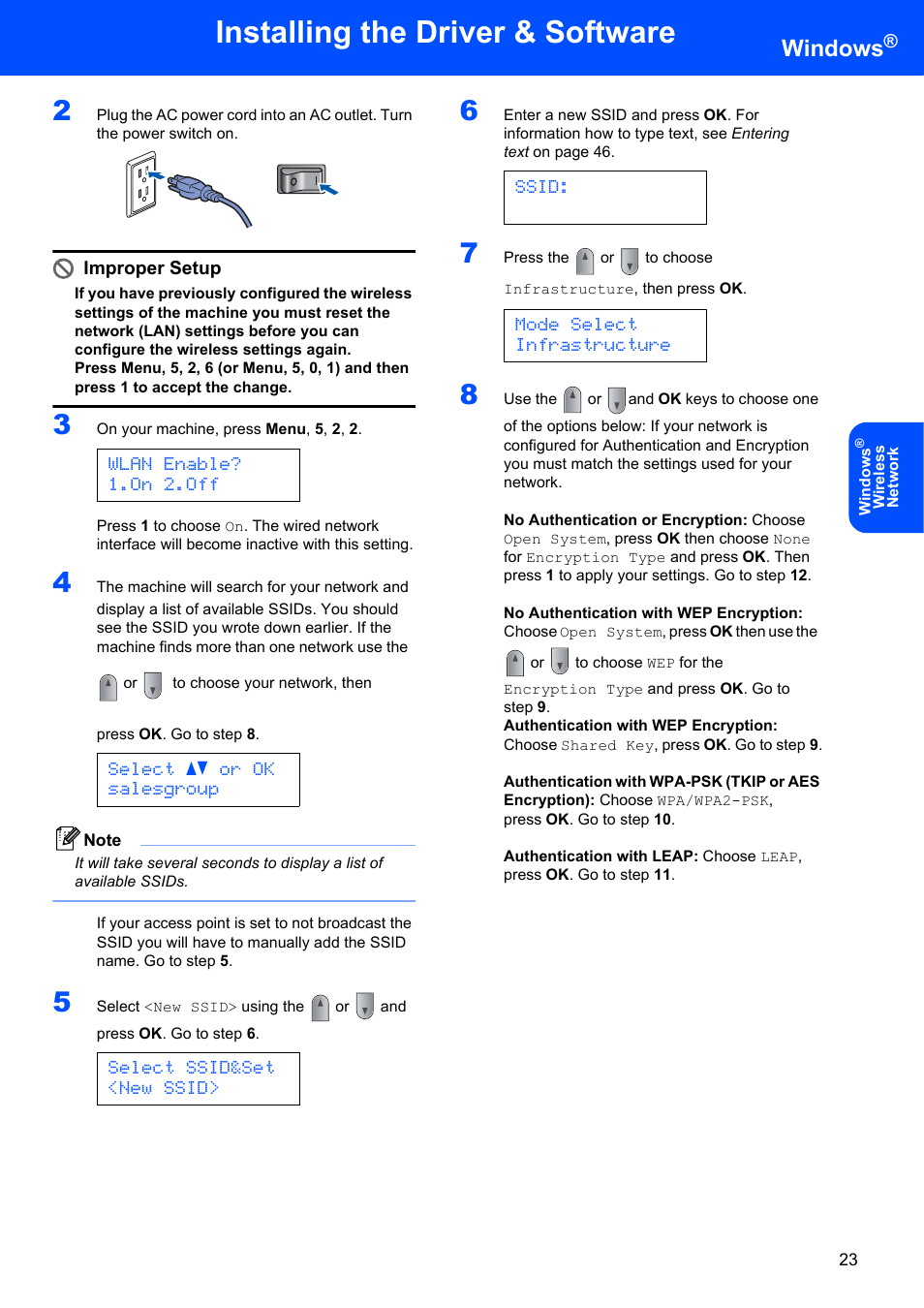 Installing the driver & software, Windows, Wlan enable? 1.on 2.off | Select ab or ok salesgroup, Select ssid&set <new ssid, Ssid, Mode select infrastructure | Brother MFC 7840W User Manual | Page 25 / 52