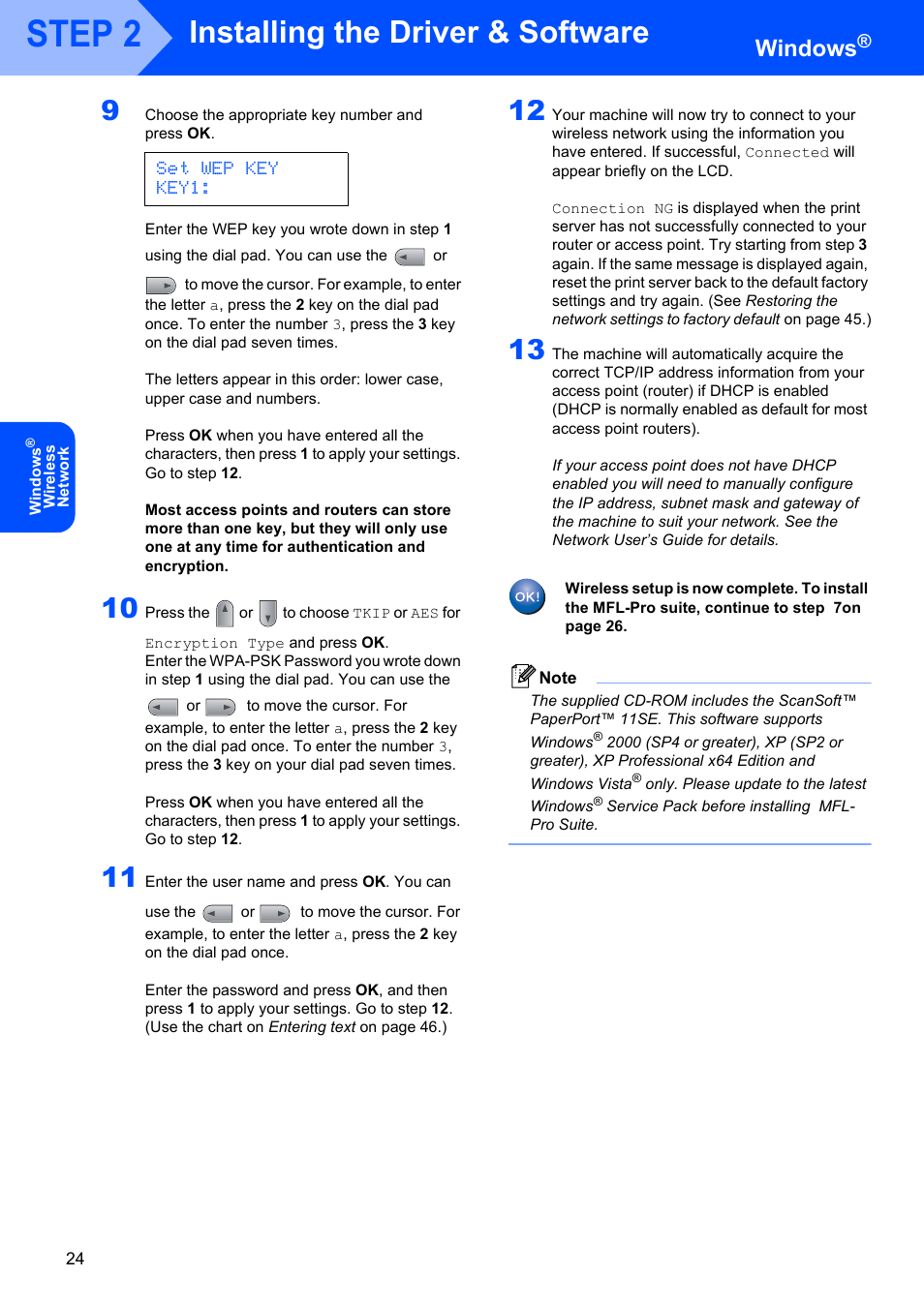 Step 2, Installing the driver & software, Windows | Set wep key key1 | Brother MFC 7840W User Manual | Page 26 / 52